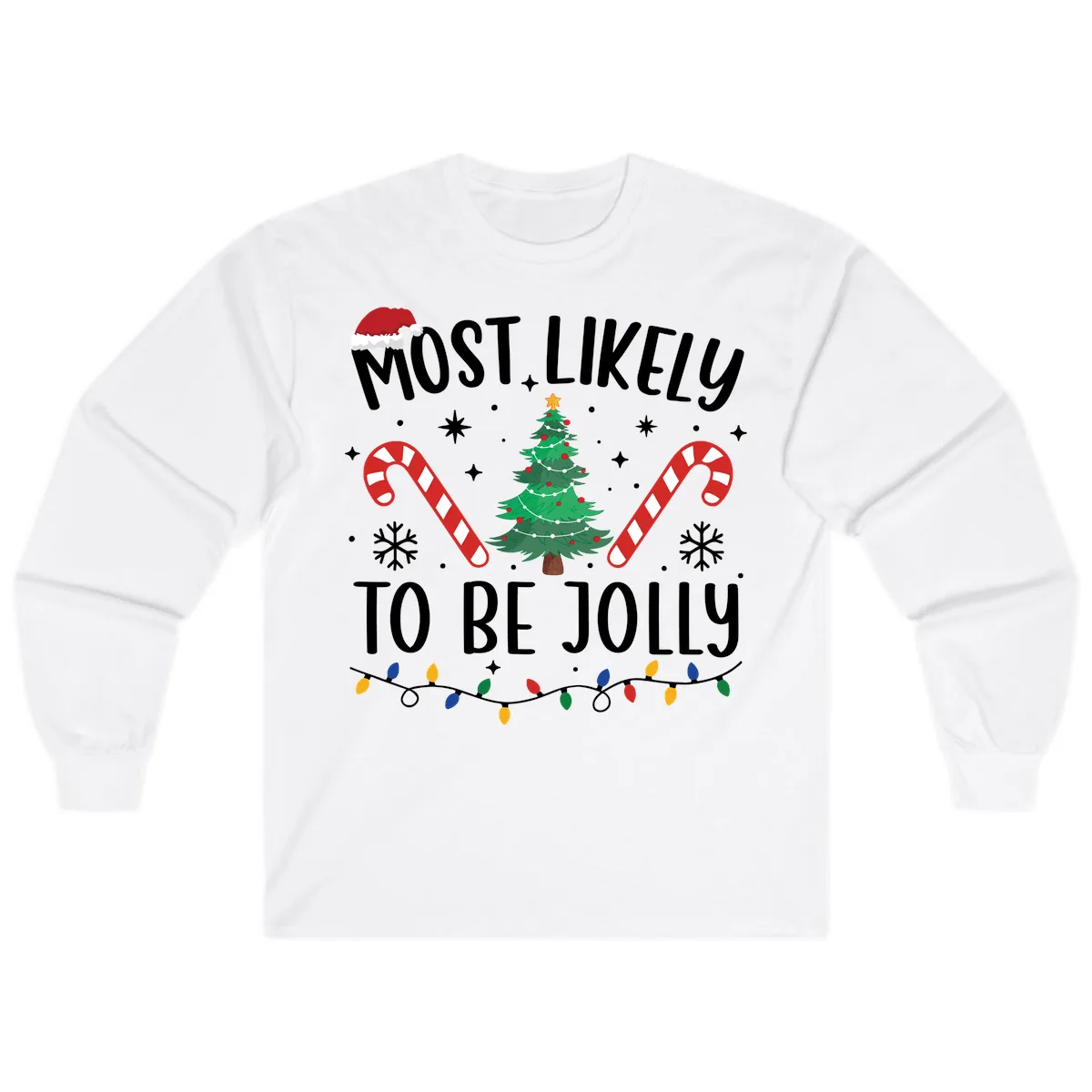 Most Likely To Be Jolly Christmas Tree Long Sleeve in White