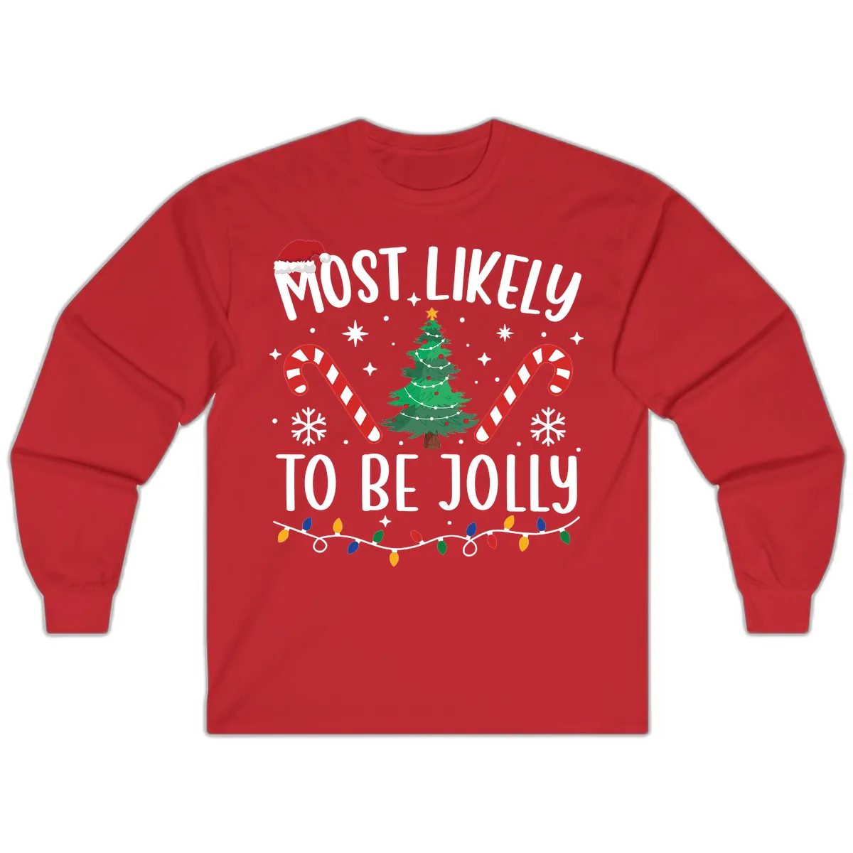 Most Likely To Be Jolly Christmas Tree Long Sleeve in Red