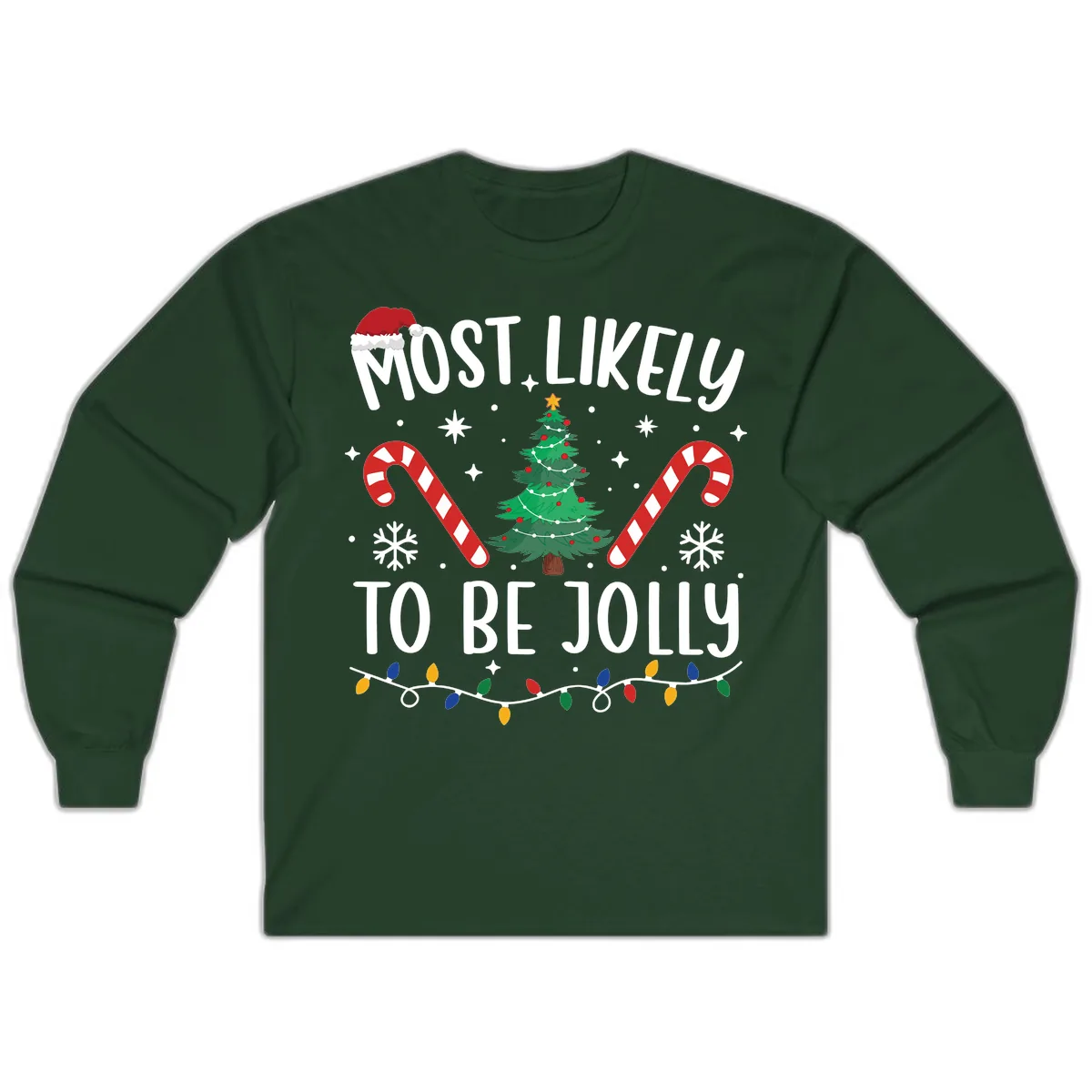 Most Likely To Be Jolly Christmas Tree Long Sleeve in Forest Green