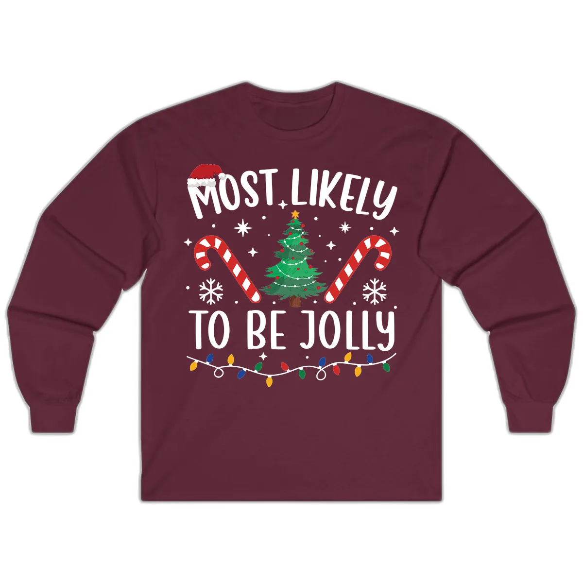 Most Likely To Be Jolly Christmas Tree Long Sleeve in Maroon