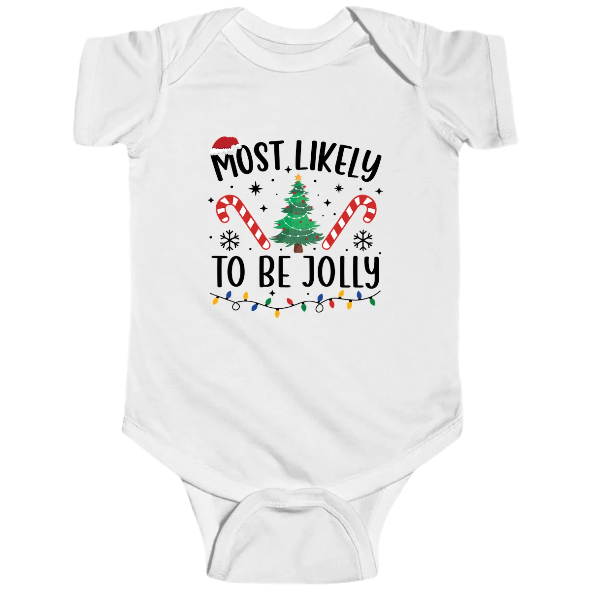 Most Likely To Be Jolly Christmas Tree Baby Onesie in White