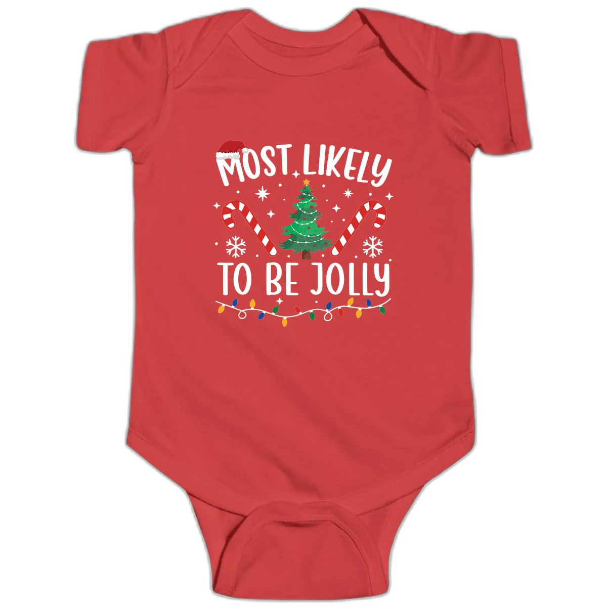 Most Likely To Be Jolly Christmas Tree Baby Onesie in Red