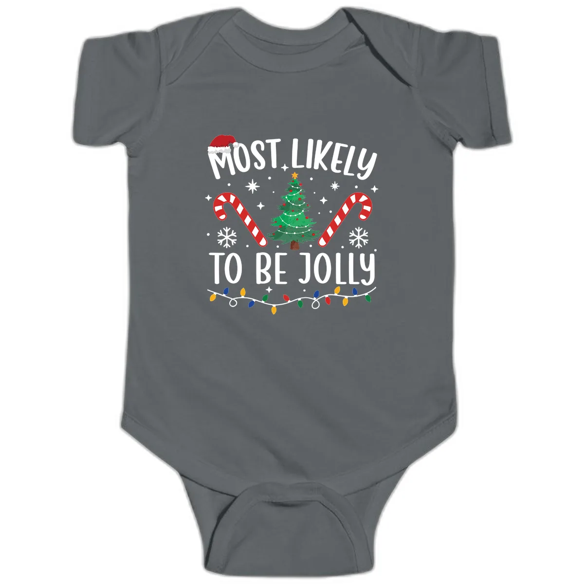 Most Likely To Be Jolly Christmas Tree Baby Onesie in Charcoal