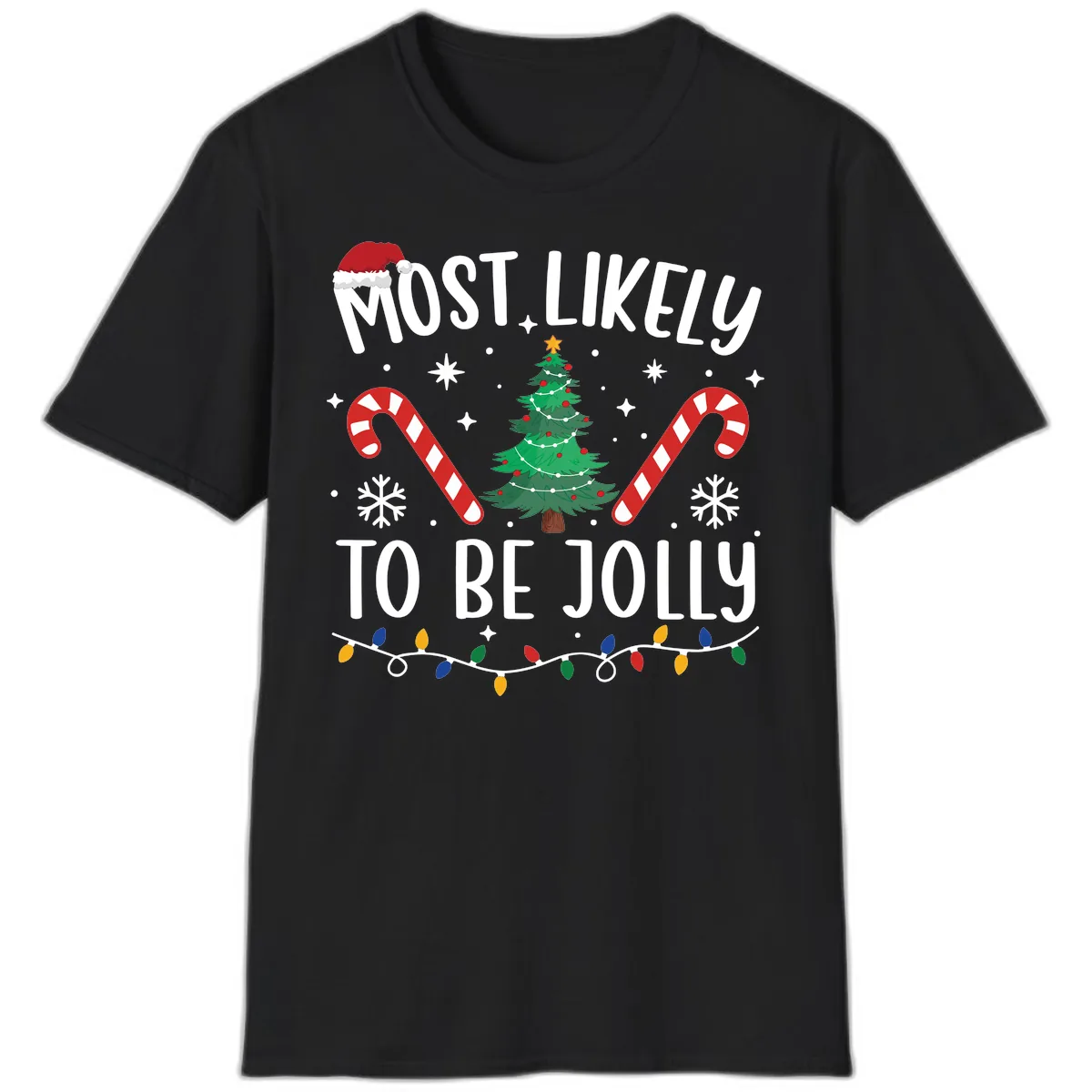 Most Likely To Be Jolly Christmas Tree T-Shirt in Black