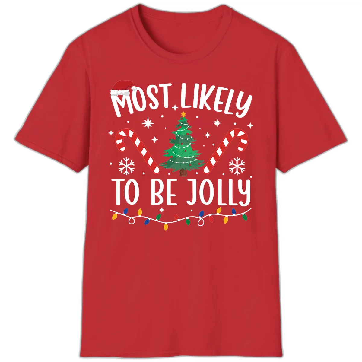 Most Likely To Be Jolly Christmas Tree T-Shirt in Red