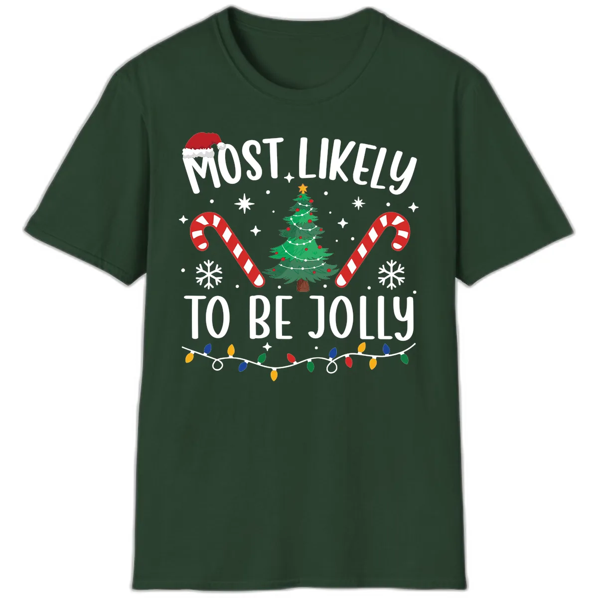 Most Likely To Be Jolly Christmas Tree T-Shirt in Forest Green