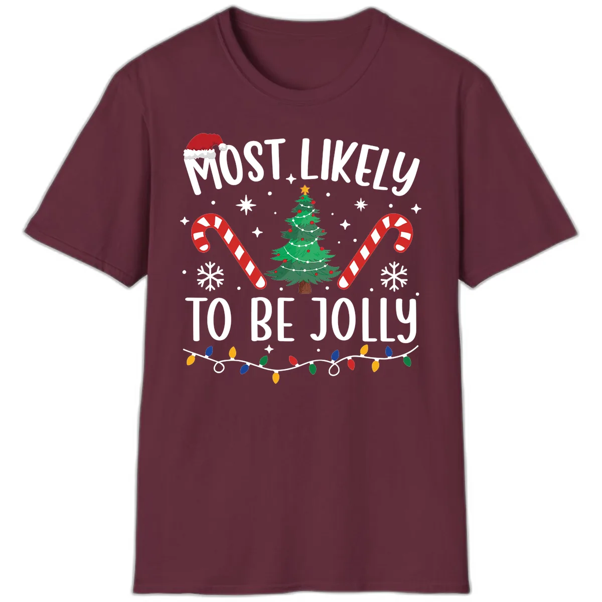 Most Likely To Be Jolly Christmas Tree T-Shirt in Maroon