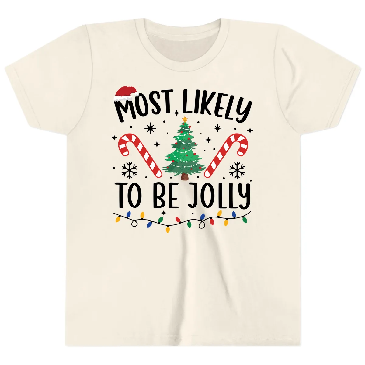 Most Likely To Be Jolly Christmas Tree Youth T-Shirt in Natural