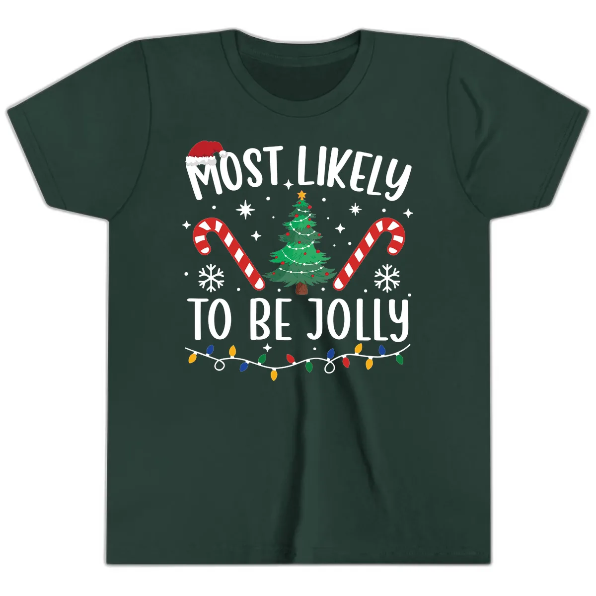 Most Likely To Be Jolly Christmas Tree Youth T-Shirt in Forest