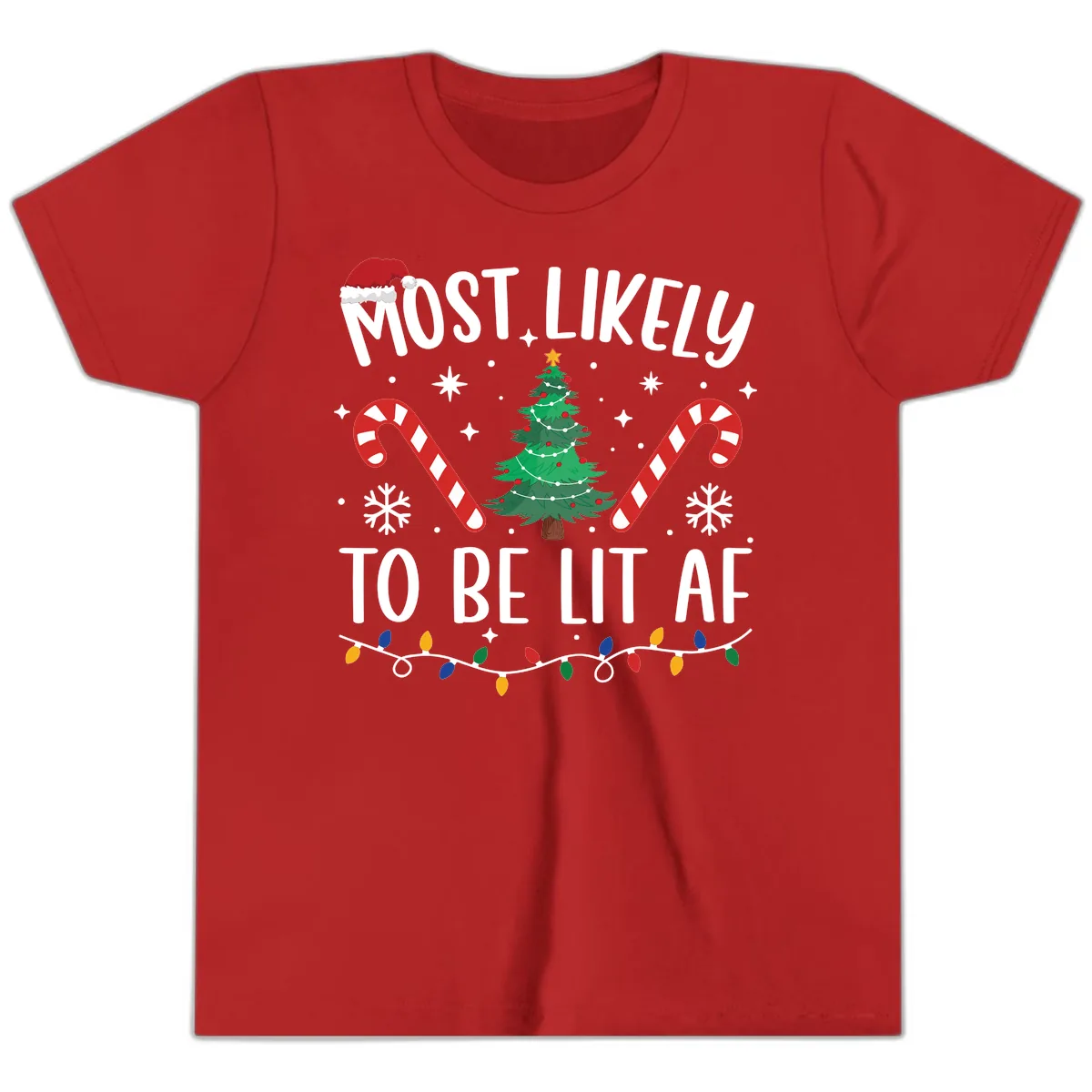 Most Likely To Be Lit AF Christmas Shirt Youth T-Shirt in Red