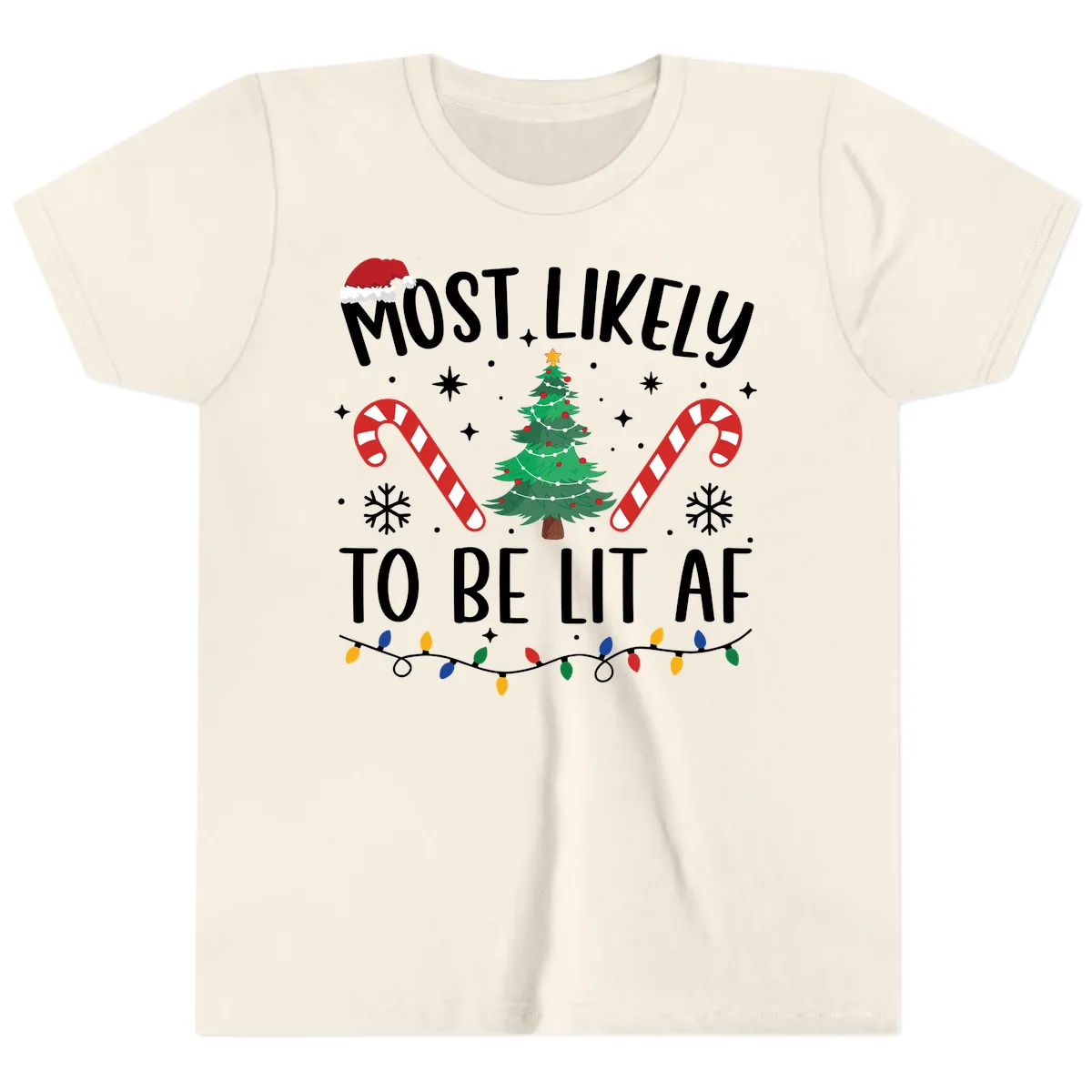 Most Likely To Be Lit AF Christmas Shirt Youth T-Shirt in Natural