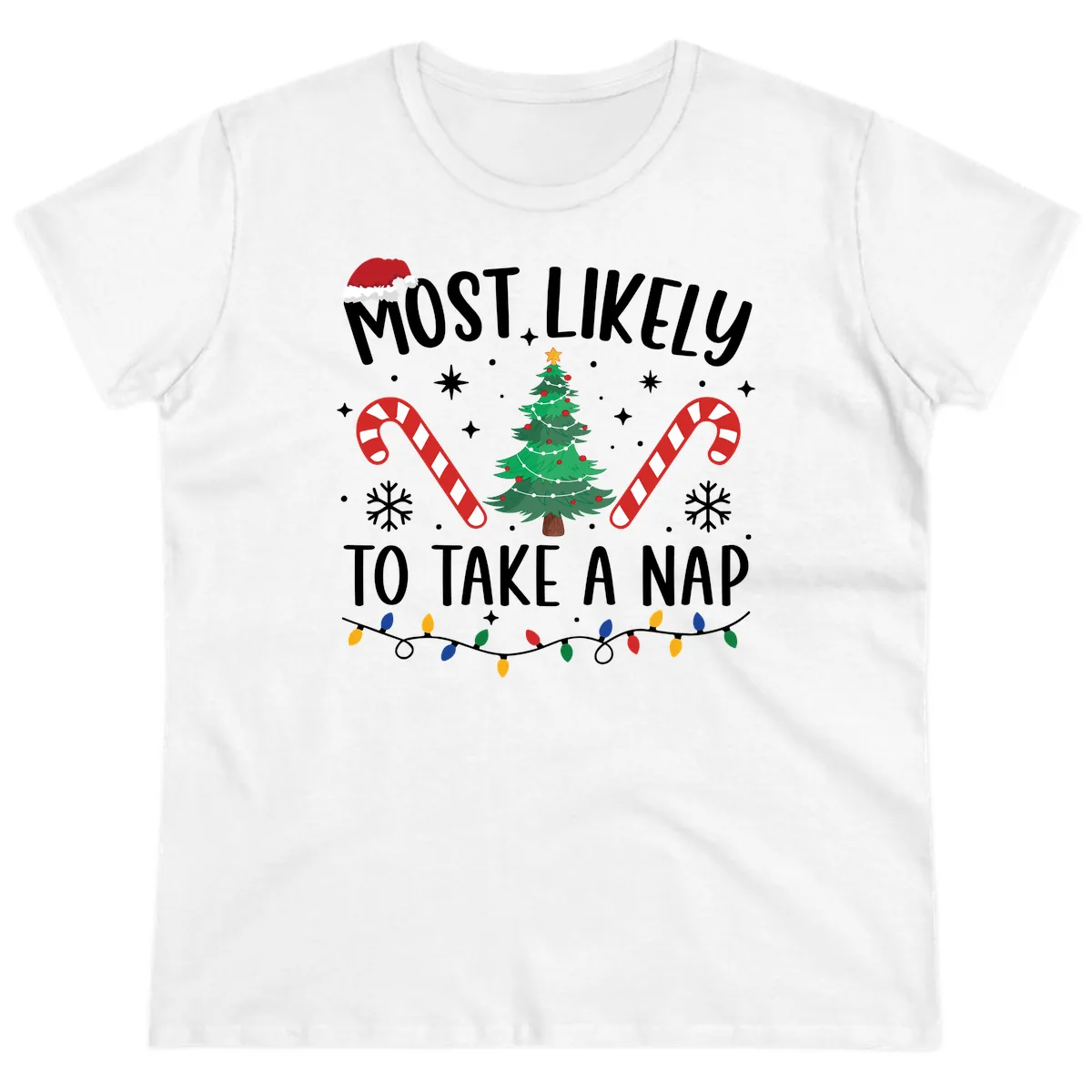 Most Likely To Take A Nap Christmas Design Ladies Tee in White