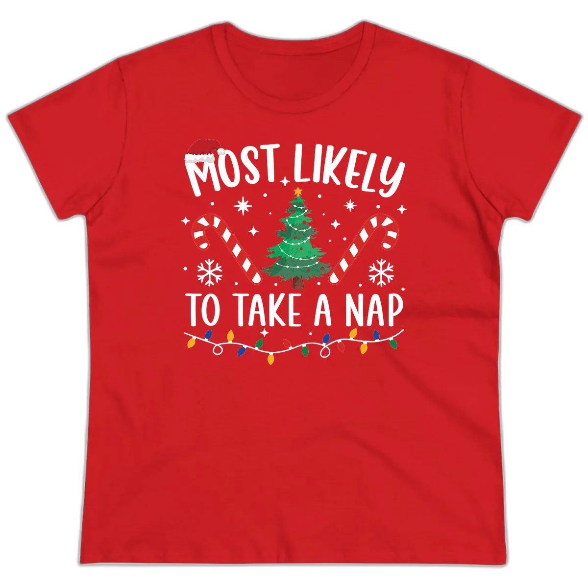 Most Likely To Take A Nap Christmas Design Ladies Tee in Red