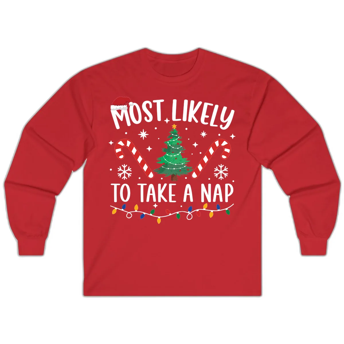 Most Likely To Take A Nap Christmas Design Long Sleeve in Red