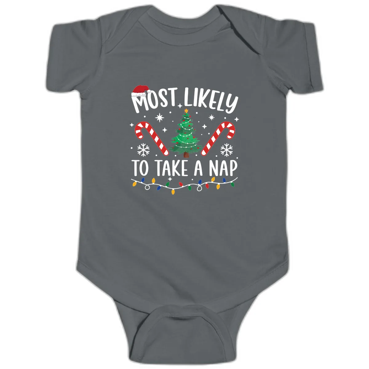 Most Likely To Take A Nap Christmas Design Baby Onesie in Charcoal