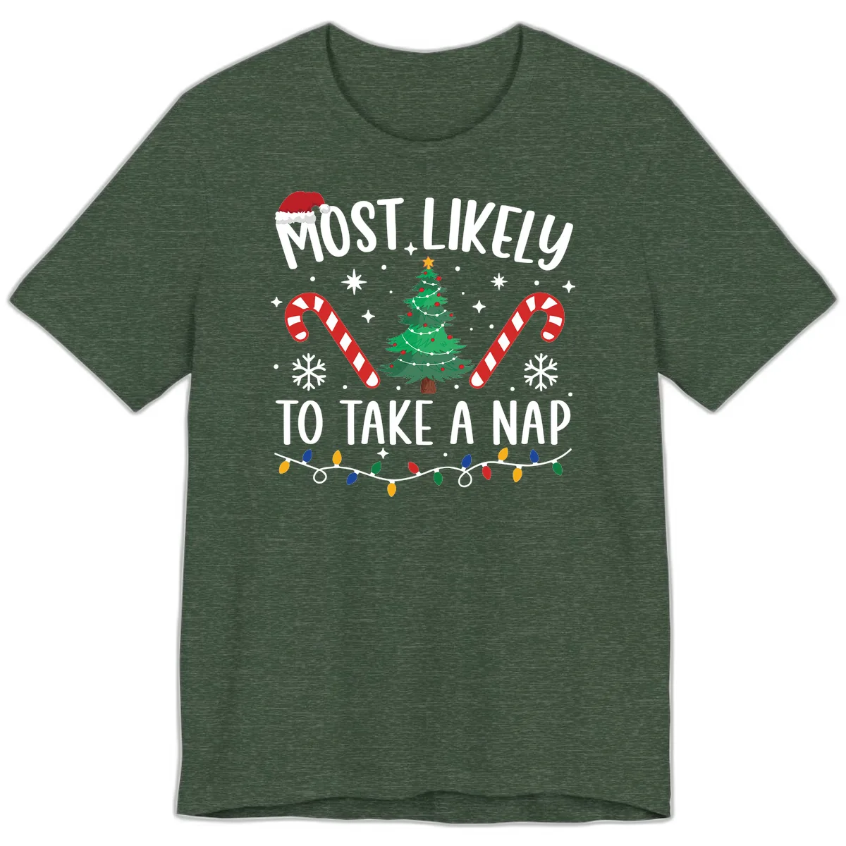 Most Likely To Take A Nap Christmas Design Premium T-Shirt in Heather Forest