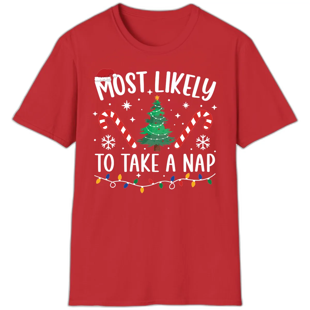 Most Likely To Take A Nap Christmas Design T-Shirt in Red