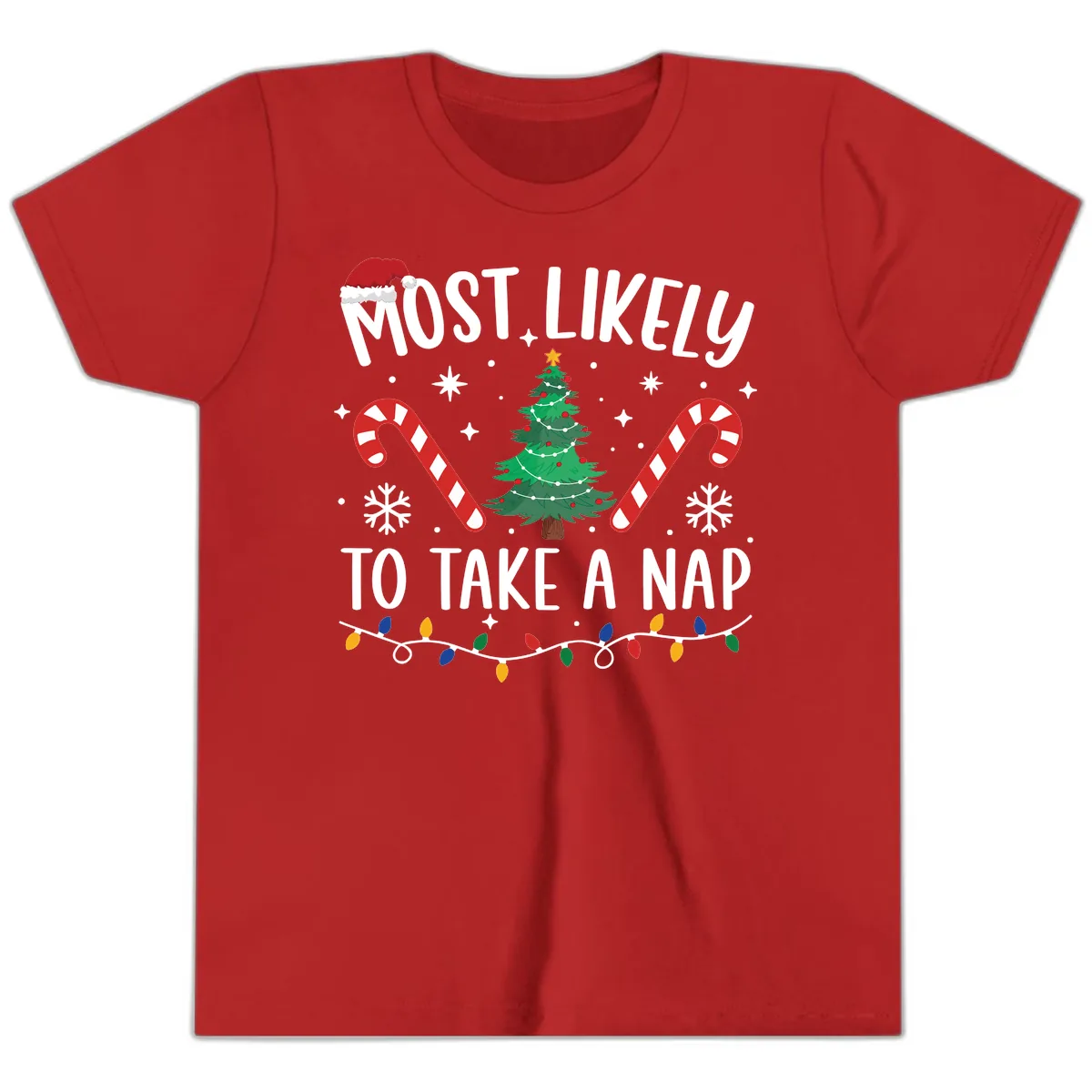 Most Likely To Take A Nap Christmas Design Youth T-Shirt in Red