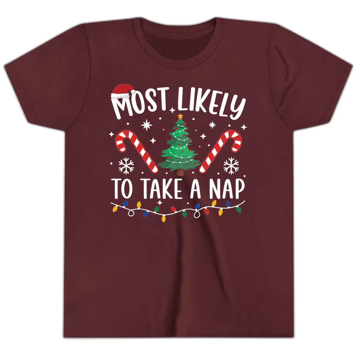 Most Likely To Take A Nap Christmas Design Youth T-Shirt in Maroon