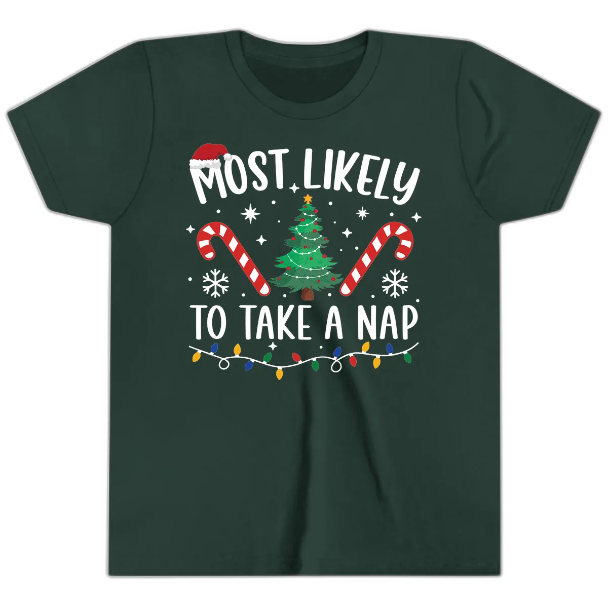 Most Likely To Take A Nap Christmas Design Youth T-Shirt in Forest