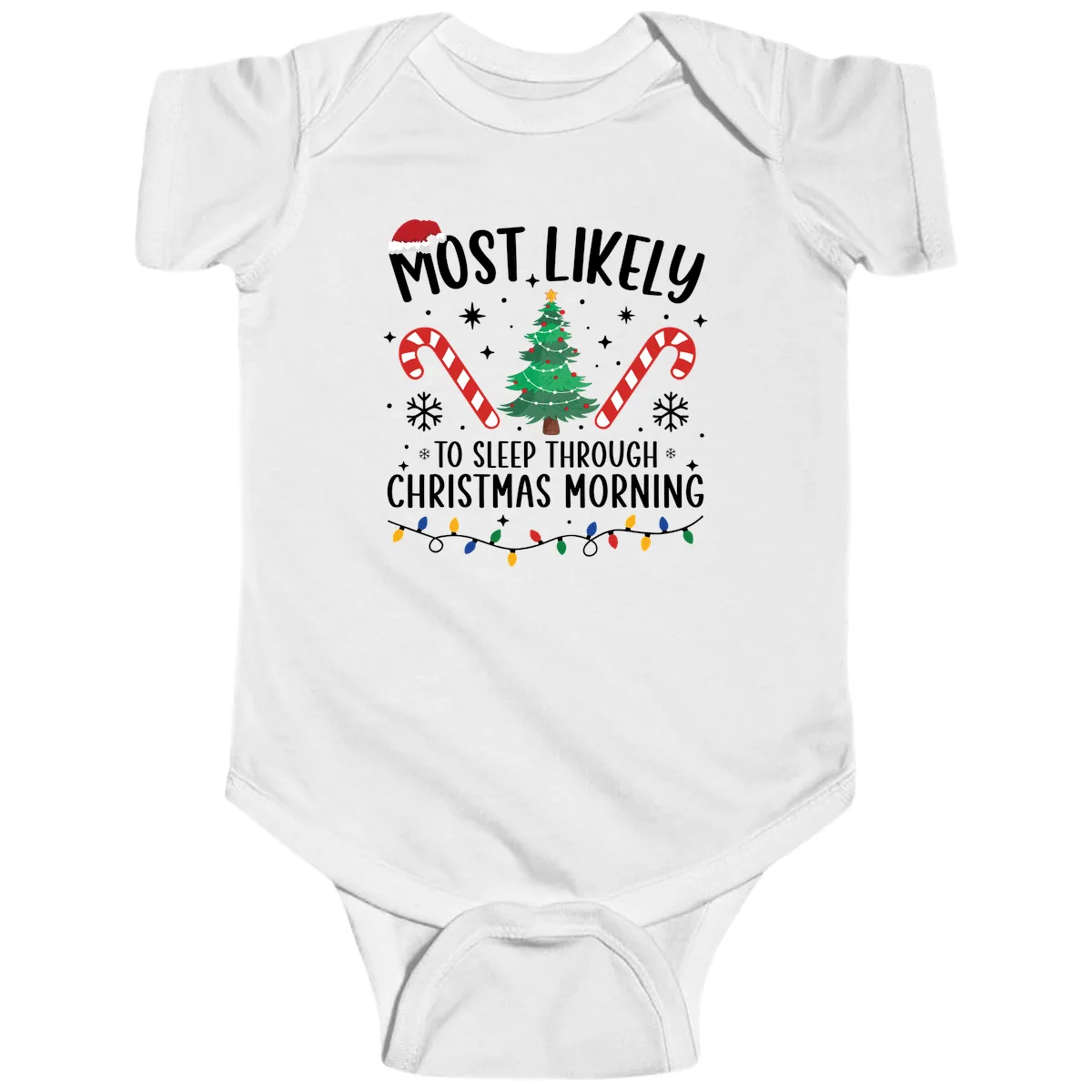 Most Likely To Sleep Through Christmas Morning Baby Onesie in White
