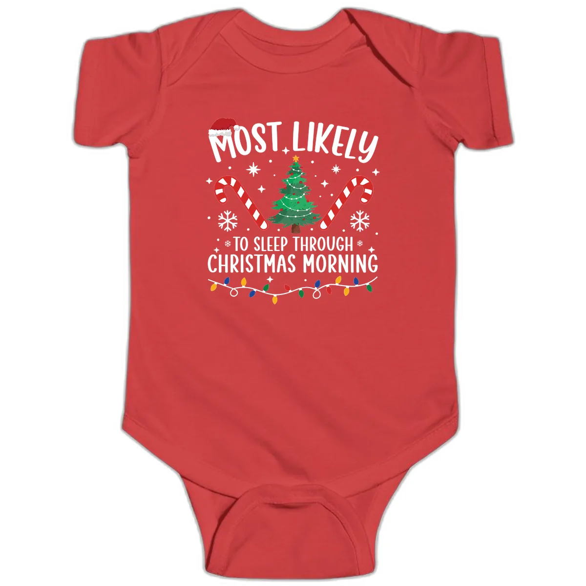 Most Likely To Sleep Through Christmas Morning Baby Onesie in Red