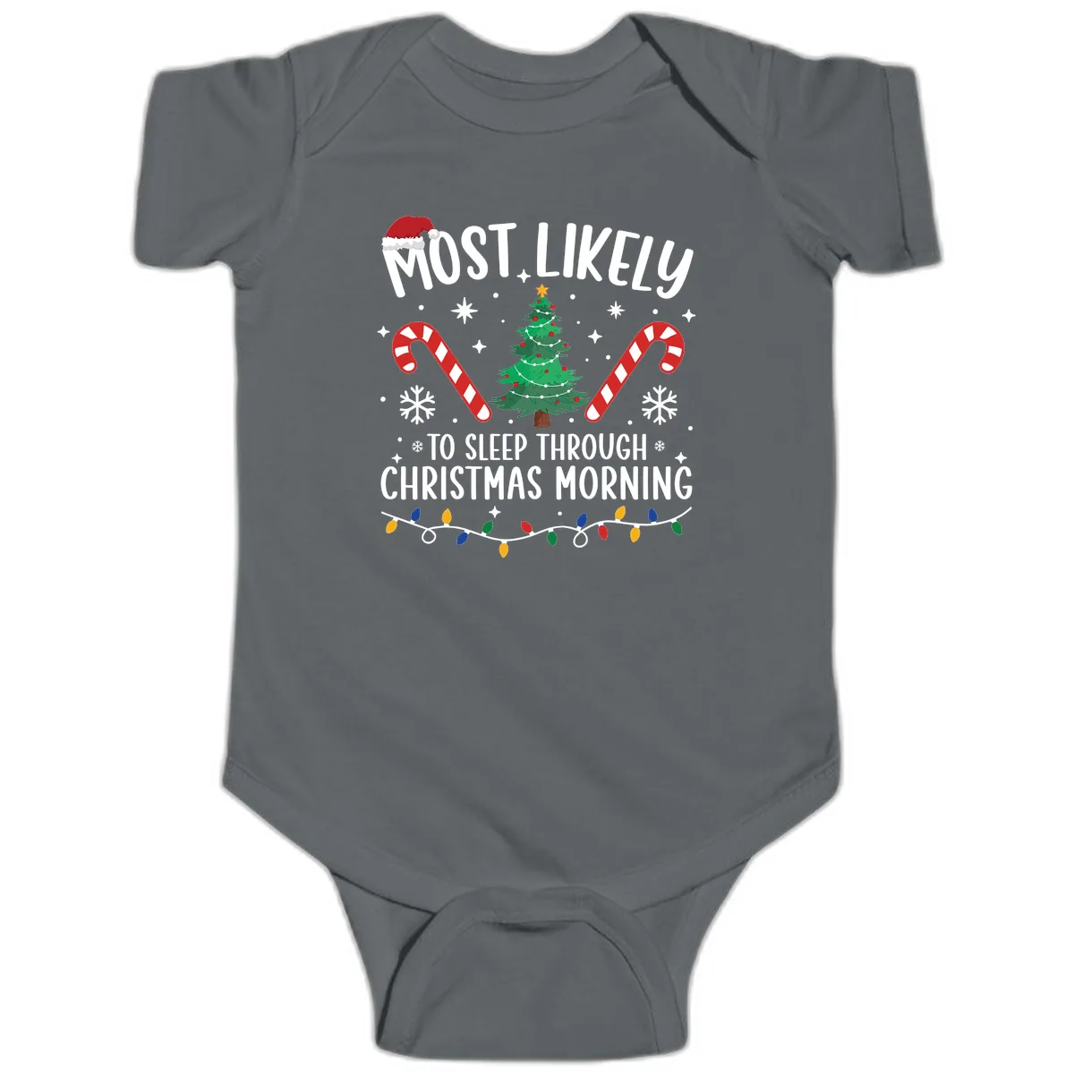 Most Likely To Sleep Through Christmas Morning Baby Onesie in Charcoal