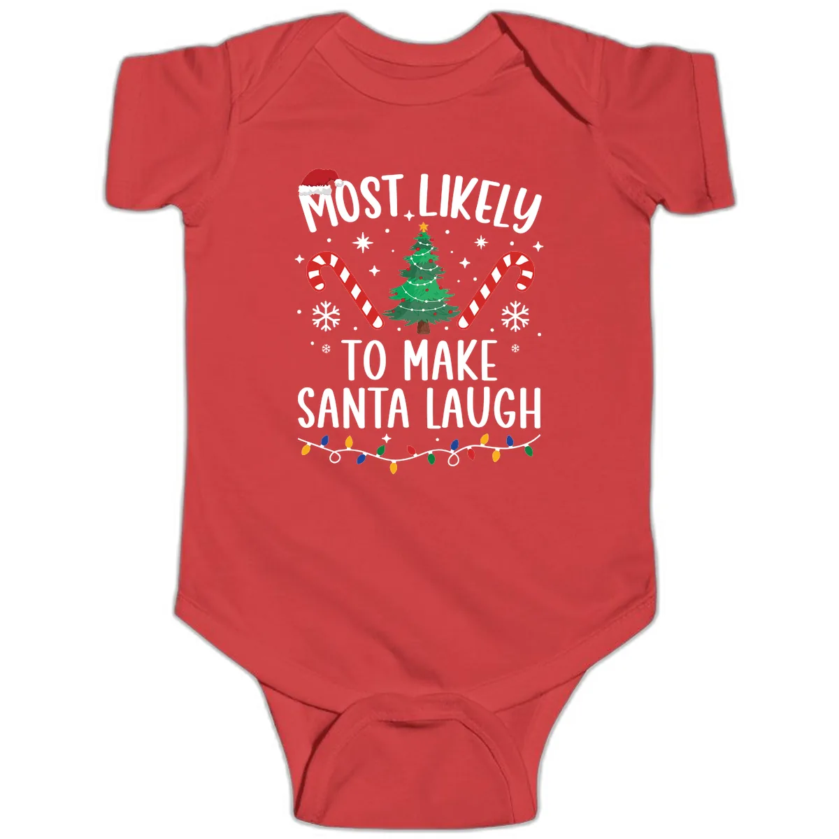 Most Likely To Make Santa Laugh Christmas Baby Onesie in Red