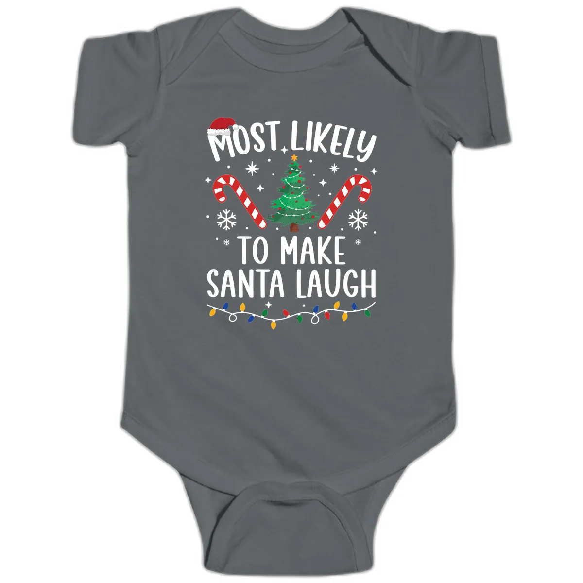 Most Likely To Make Santa Laugh Christmas Baby Onesie in Charcoal
