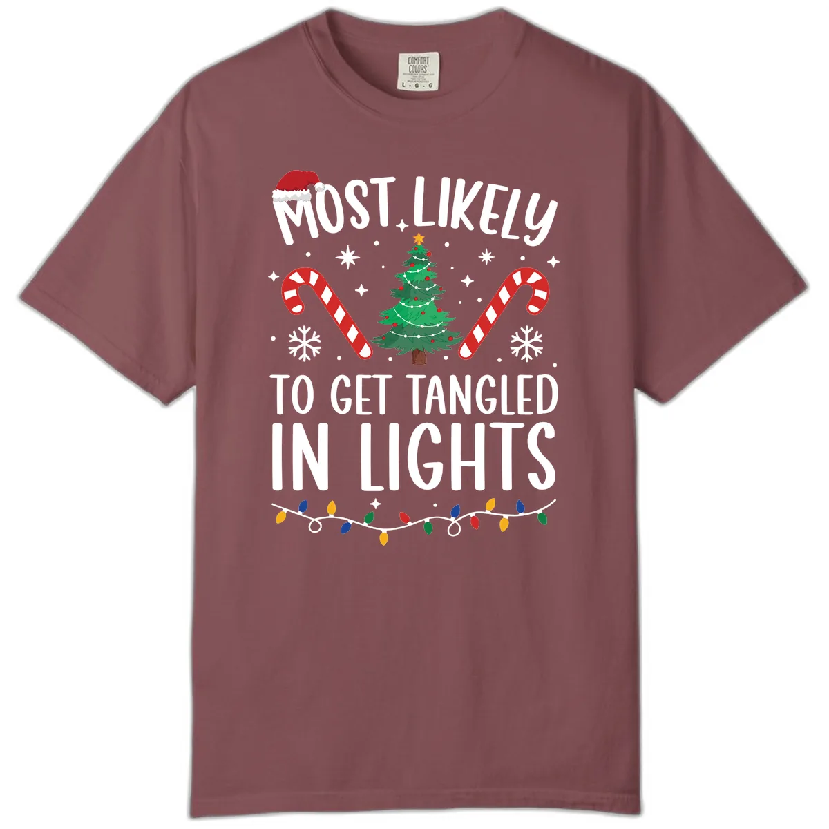 Most Likely To Get Tangled In Lights Comfort Color in Brick