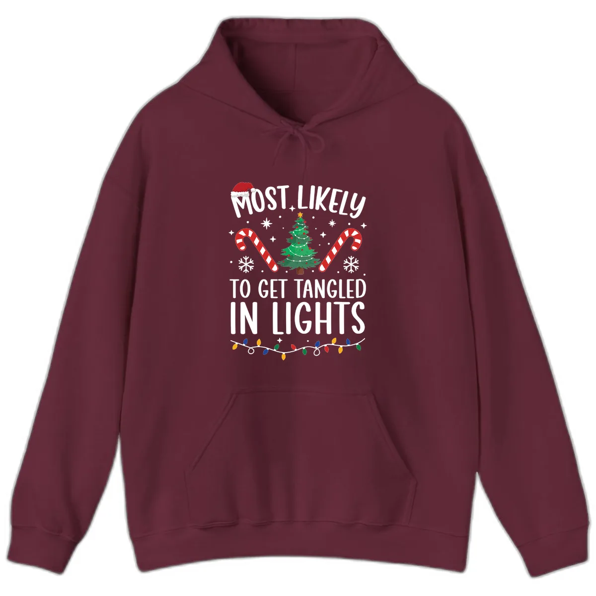 Most Likely To Get Tangled In Lights Hoodie in Maroon