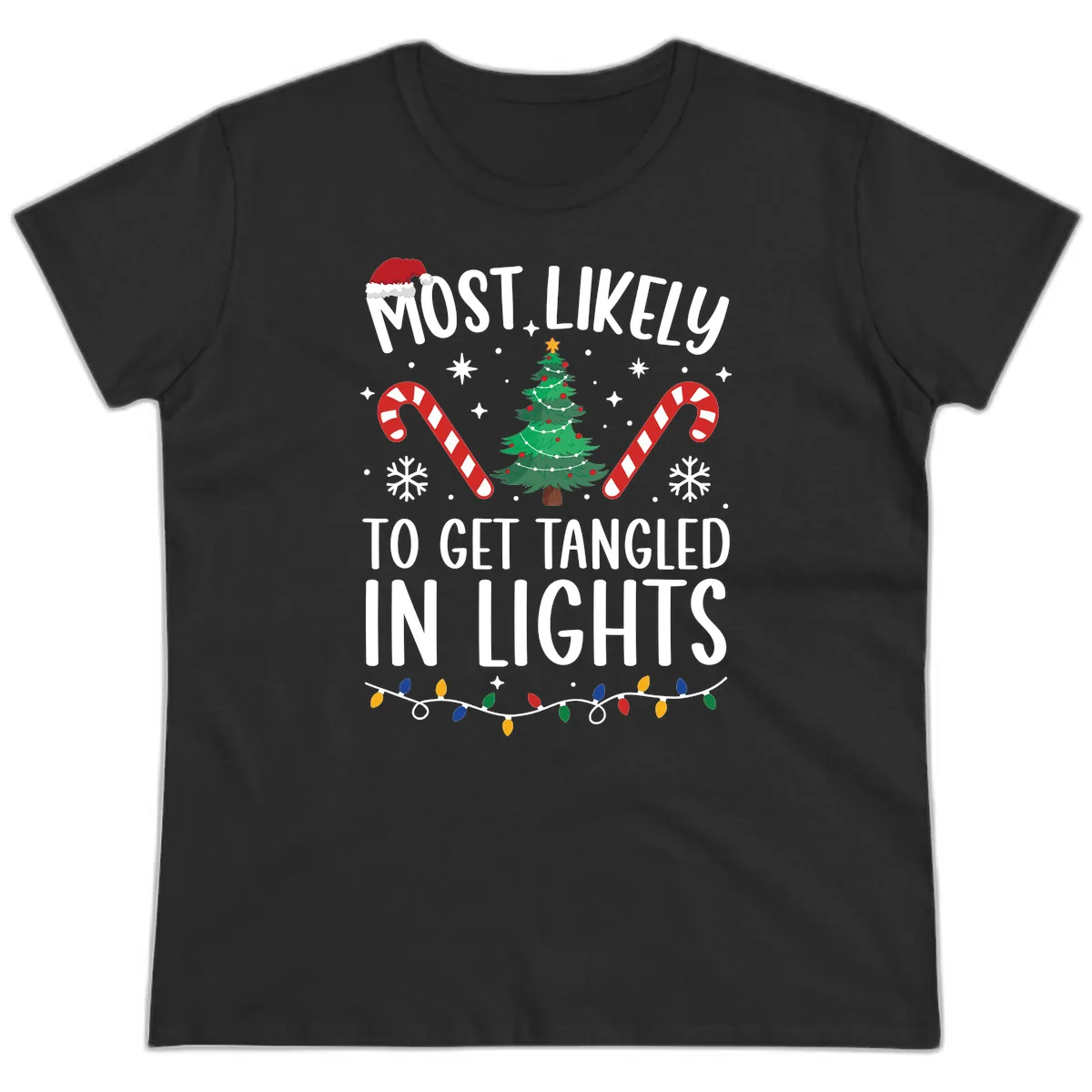 Most Likely To Get Tangled In Lights Ladies Tee in Black