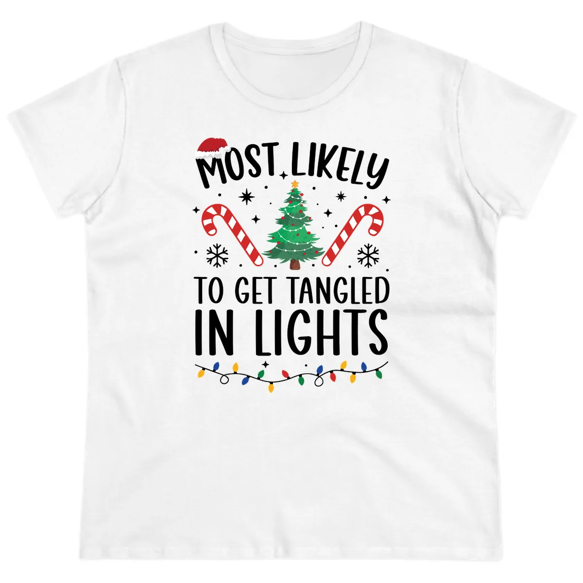 Most Likely To Get Tangled In Lights Ladies Tee in White