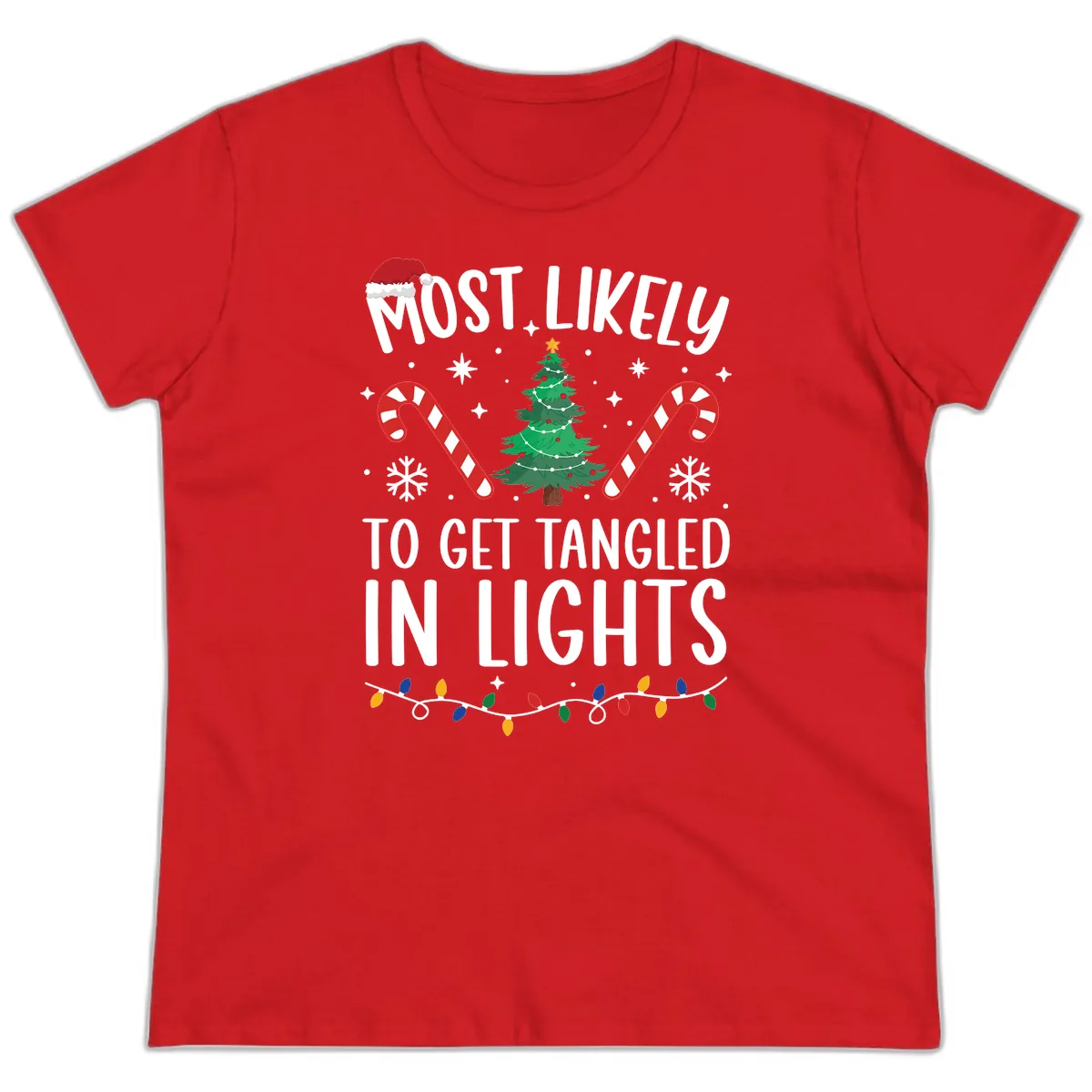 Most Likely To Get Tangled In Lights Ladies Tee in Red