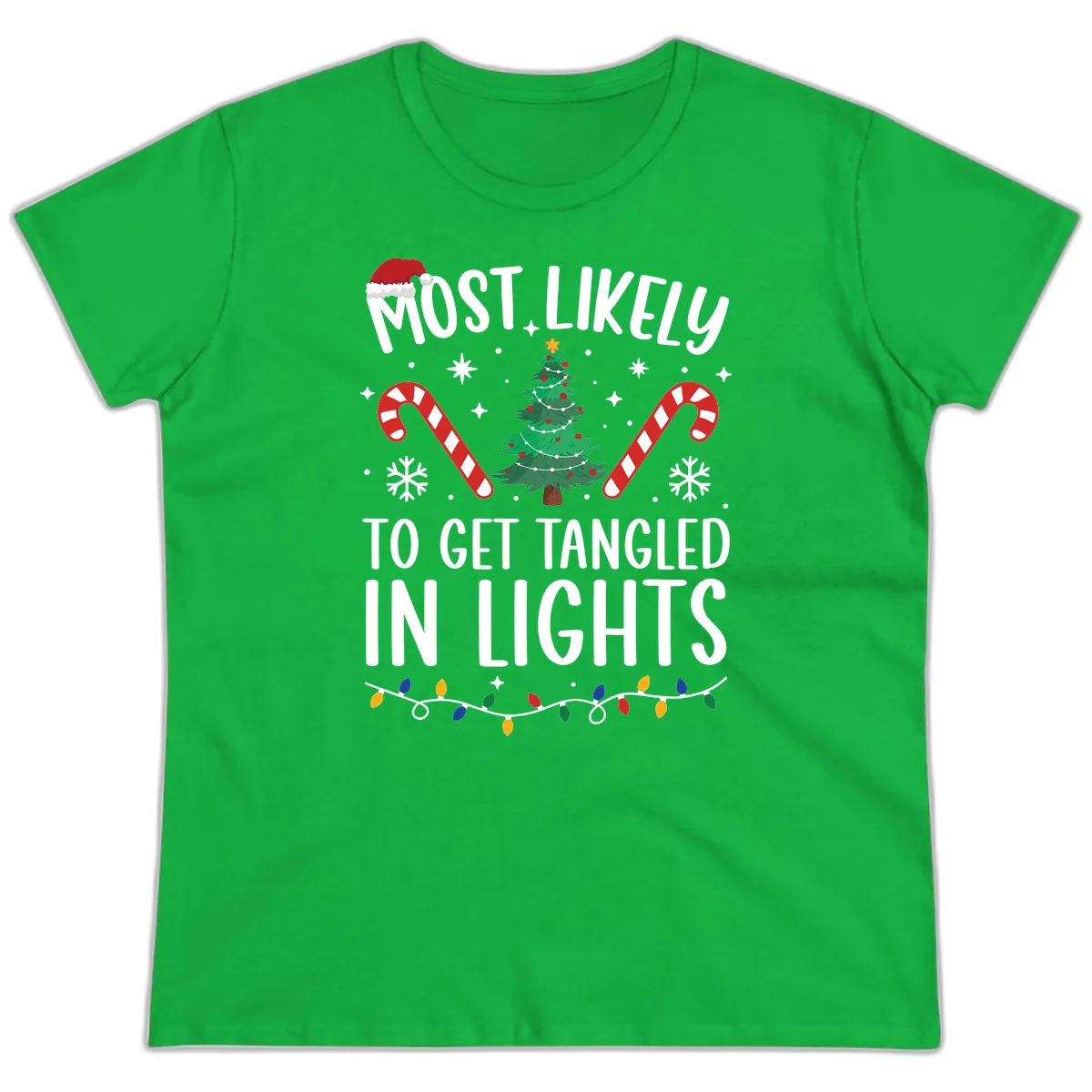 Most Likely To Get Tangled In Lights Ladies Tee in Irish Green