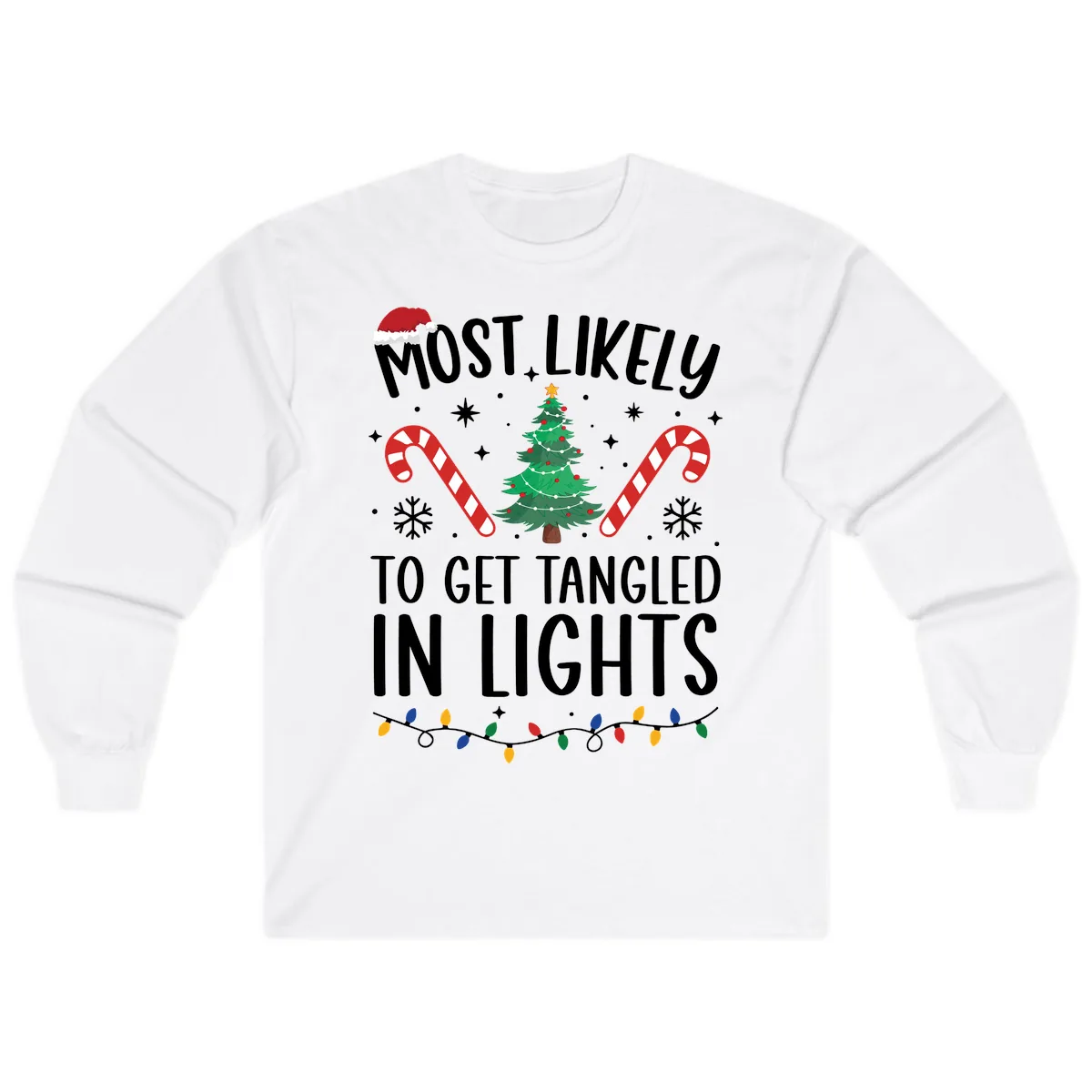 Most Likely To Get Tangled In Lights Long Sleeve in White