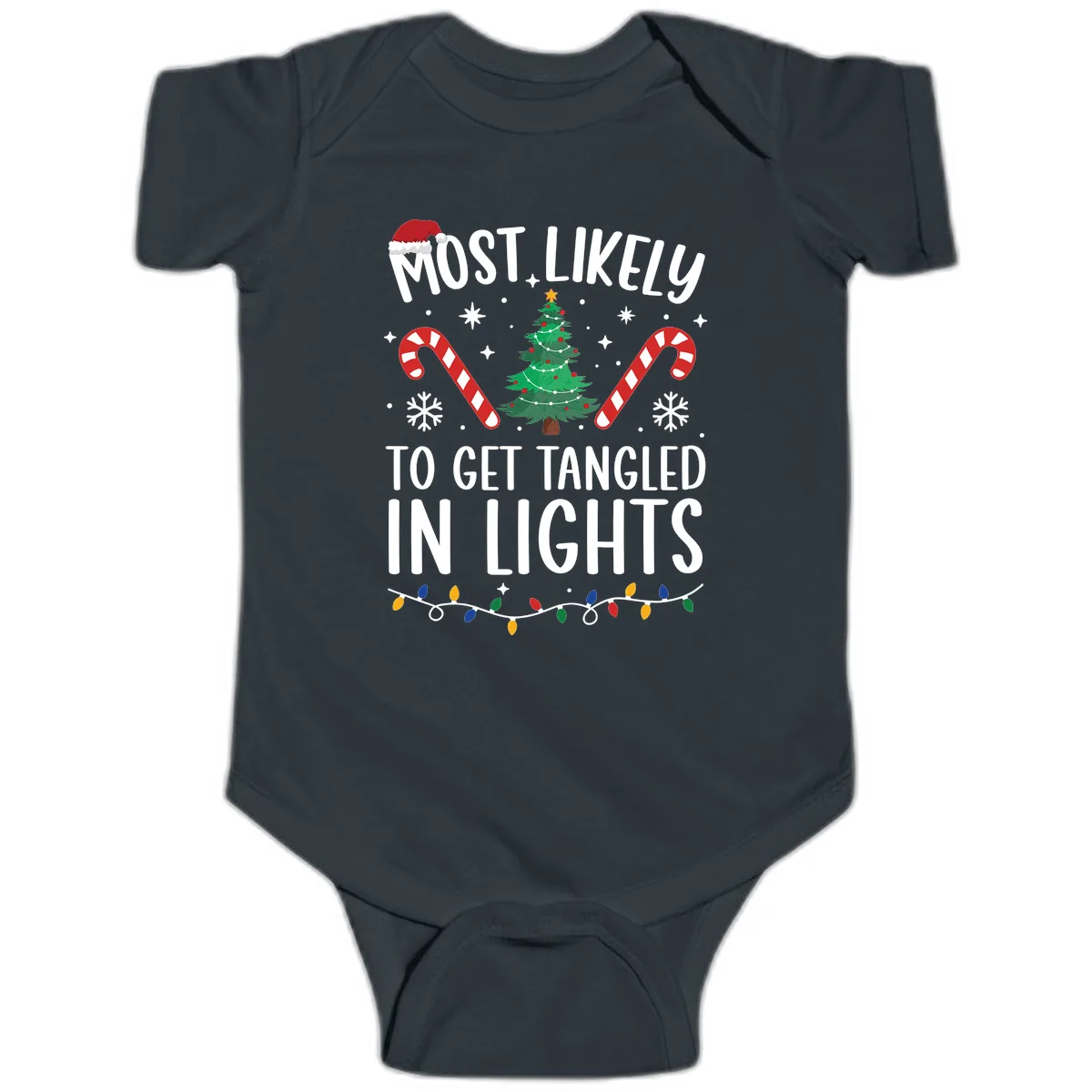 Most Likely To Get Tangled In Lights Baby Onesie in Black