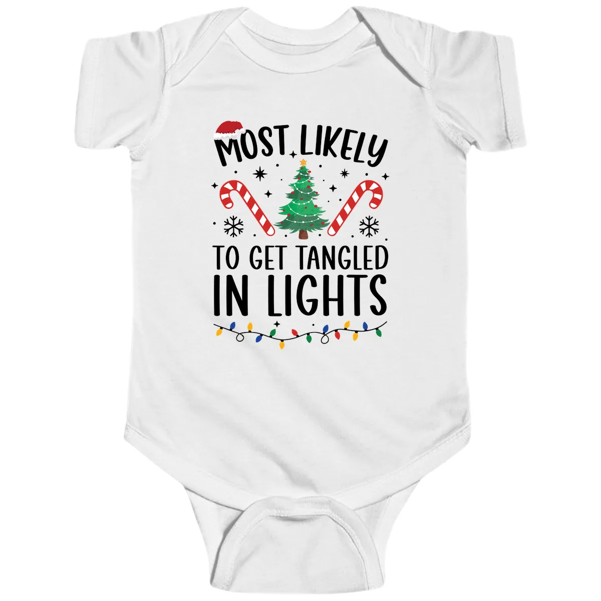Most Likely To Get Tangled In Lights Baby Onesie in White