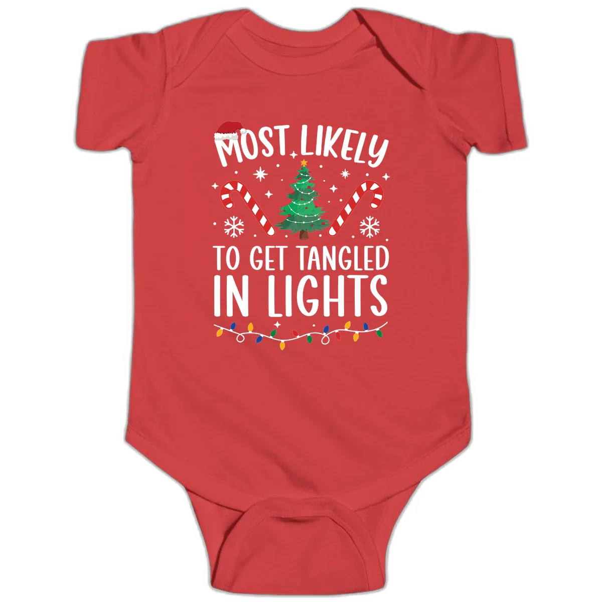 Most Likely To Get Tangled In Lights Baby Onesie in Red