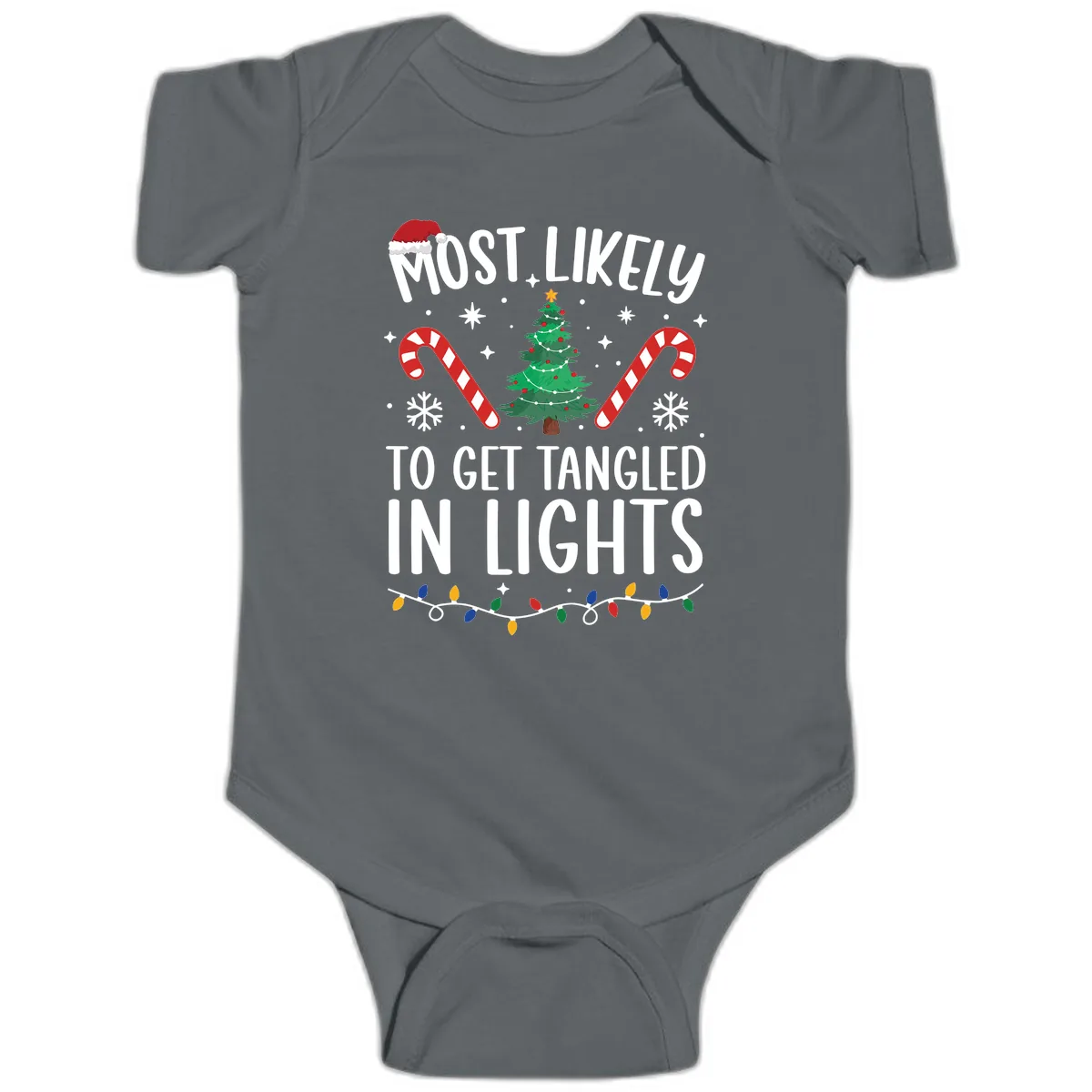 Most Likely To Get Tangled In Lights Baby Onesie in Charcoal