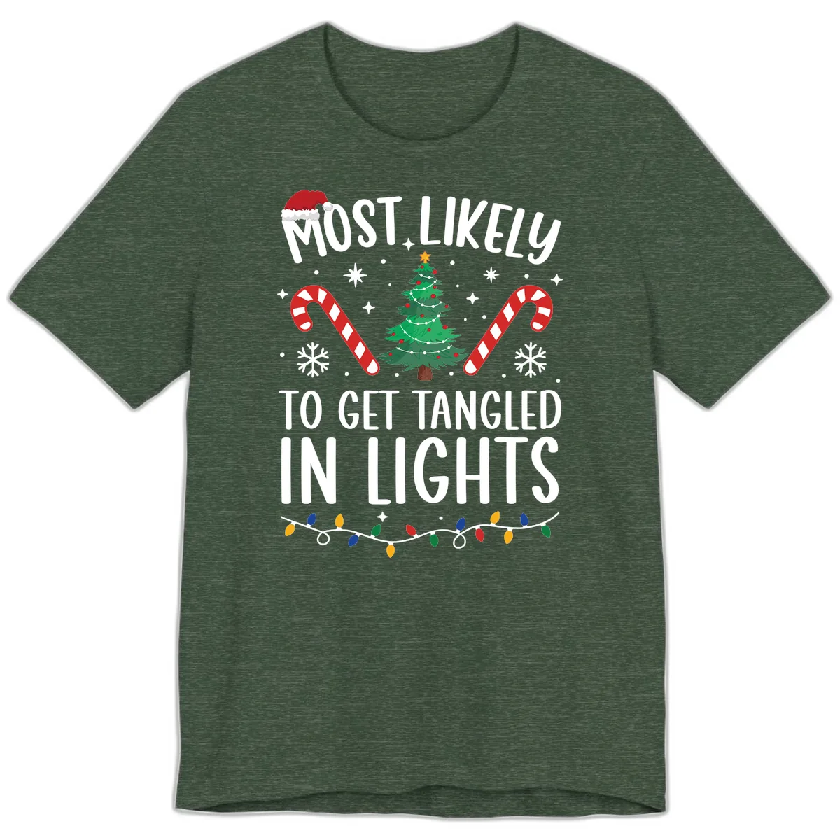 Most Likely To Get Tangled In Lights Premium T-Shirt in Heather Forest