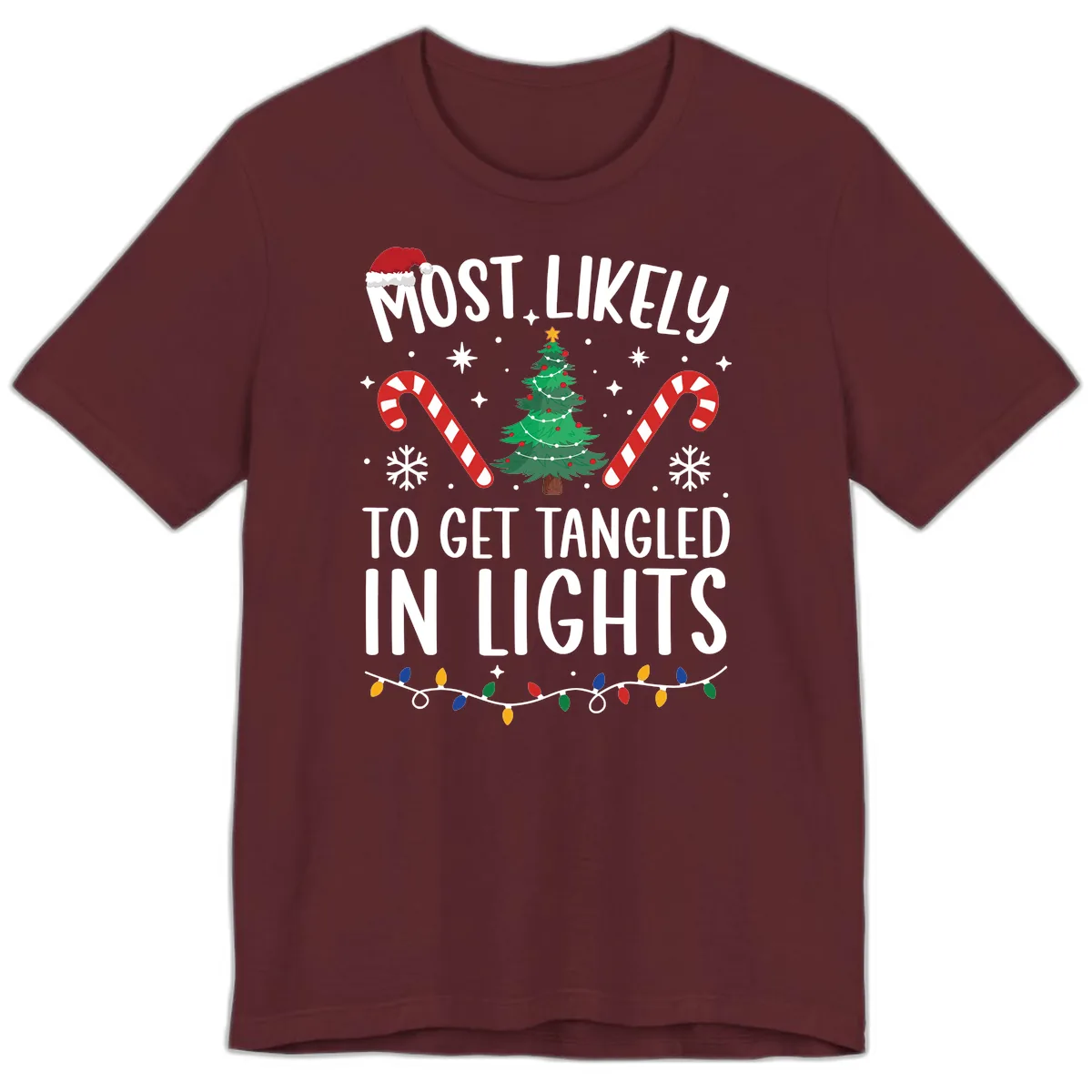Most Likely To Get Tangled In Lights Premium T-Shirt in Maroon