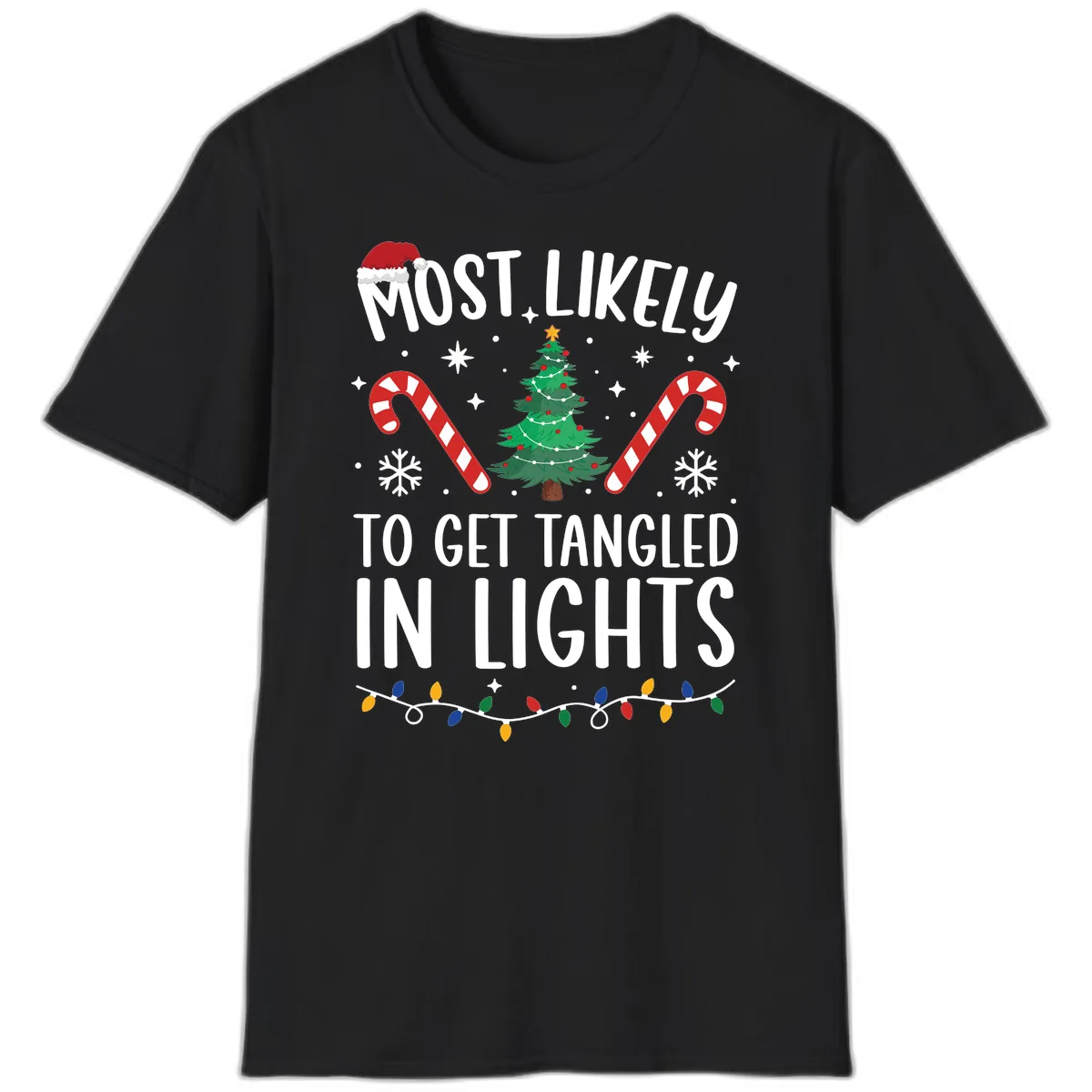 Most Likely To Get Tangled In Lights T-Shirt in Black