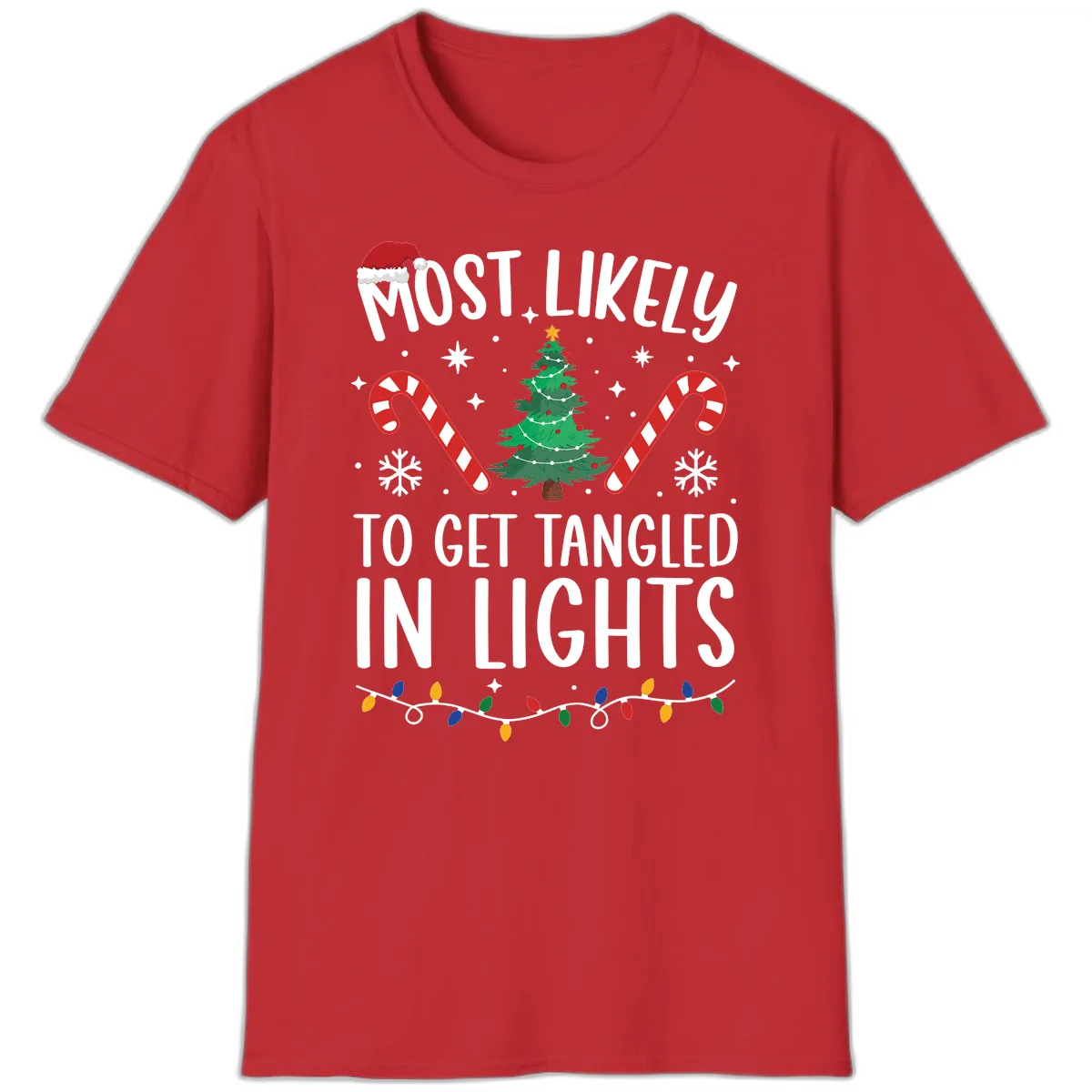 Most Likely To Get Tangled In Lights T-Shirt in Red