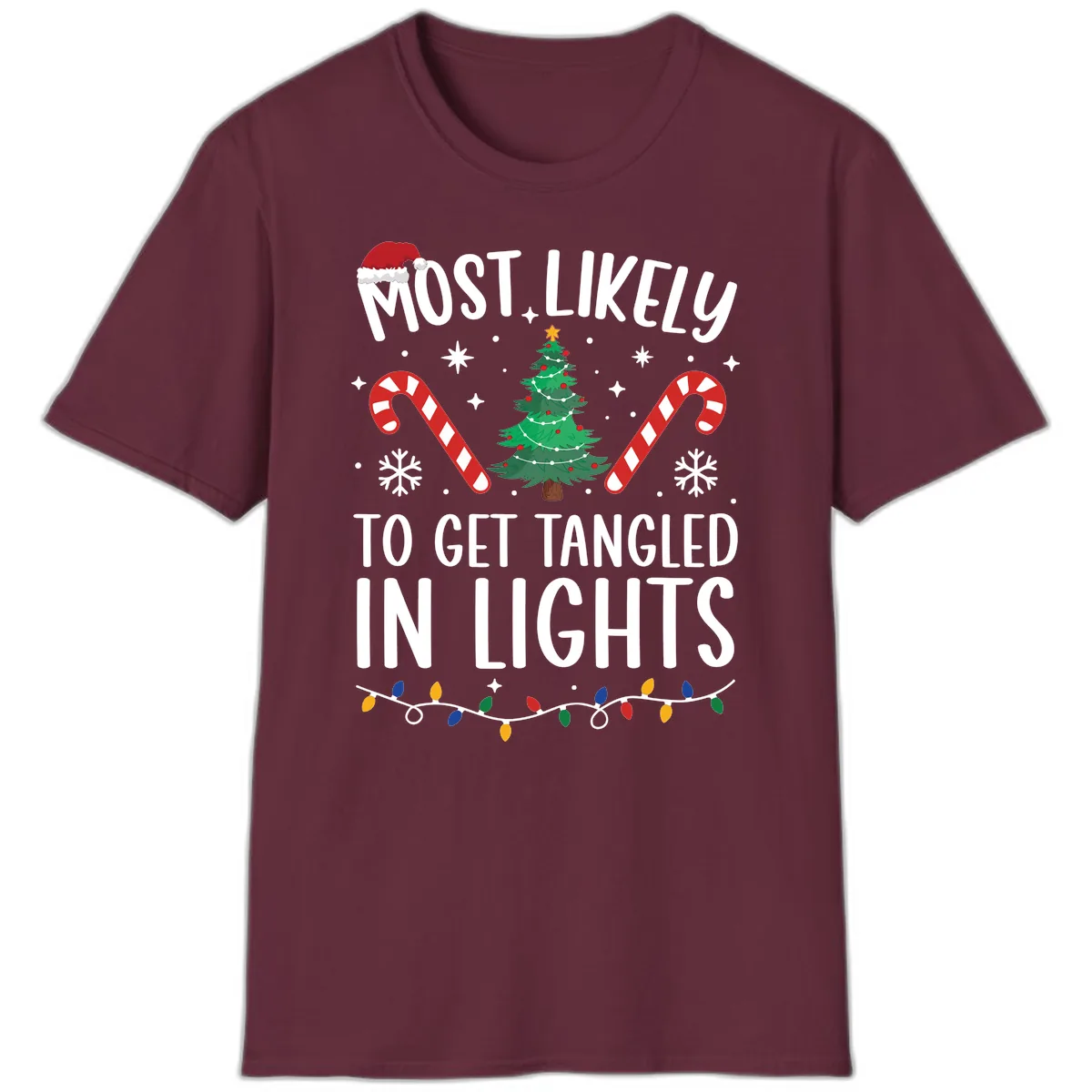 Most Likely To Get Tangled In Lights T-Shirt in Maroon