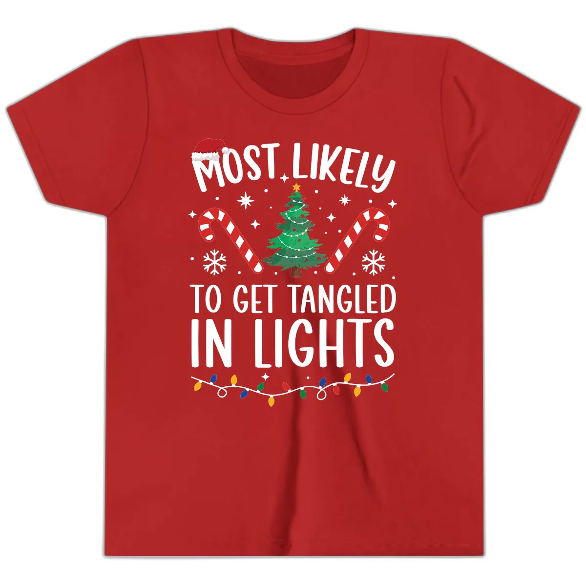 Most Likely To Get Tangled In Lights Youth T-Shirt in Red