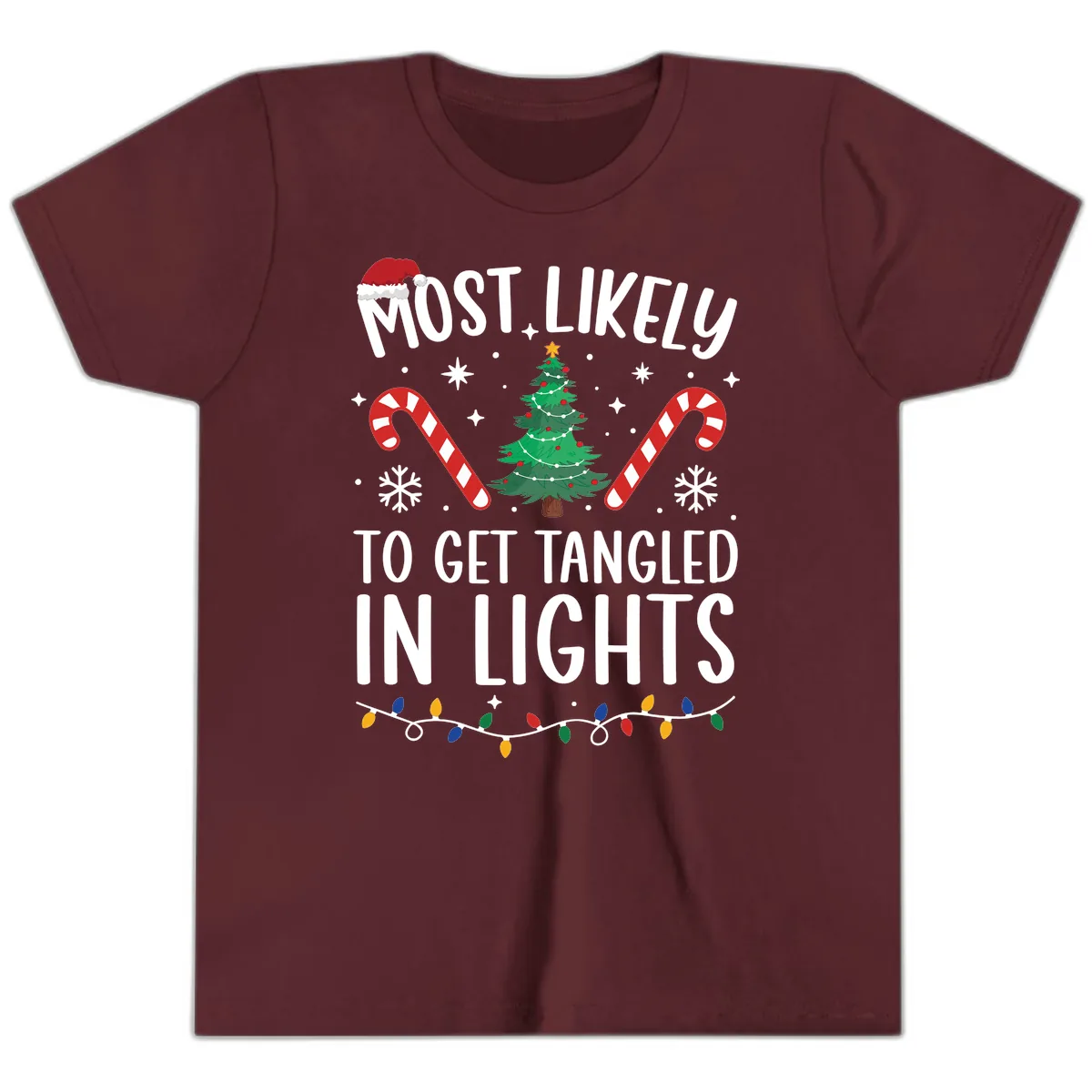 Most Likely To Get Tangled In Lights Youth T-Shirt in Maroon
