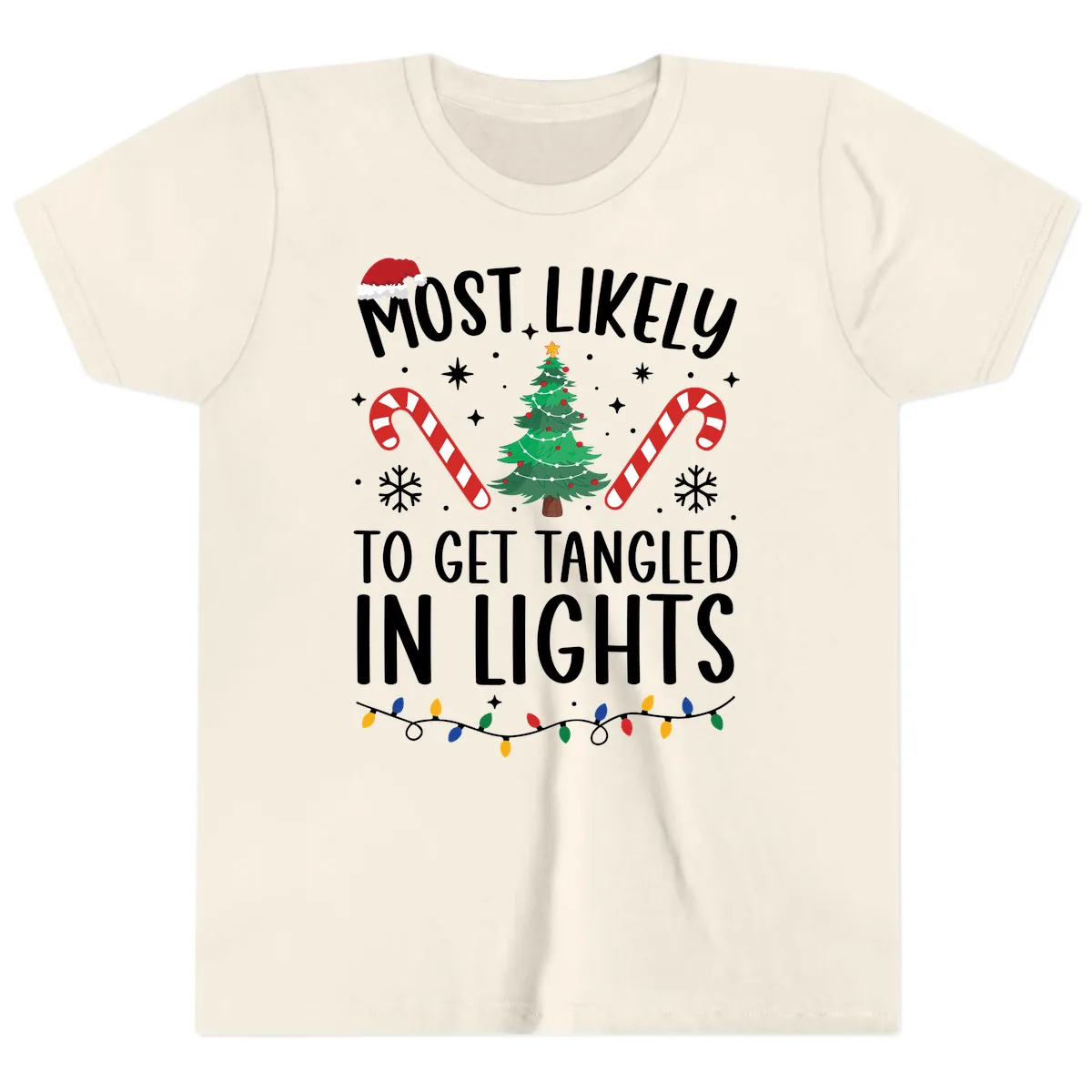 Most Likely To Get Tangled In Lights Youth T-Shirt in Natural