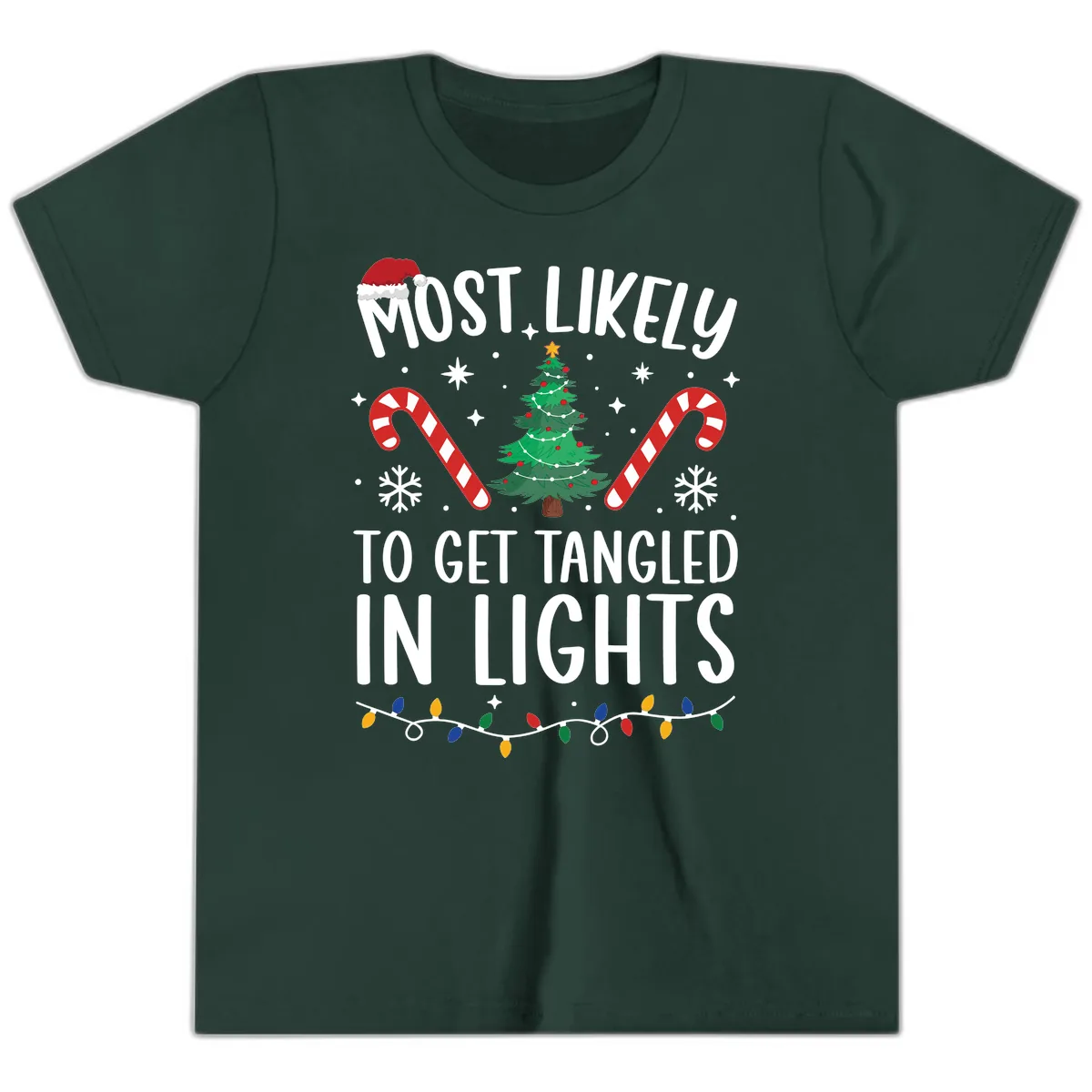 Most Likely To Get Tangled In Lights Youth T-Shirt in Forest