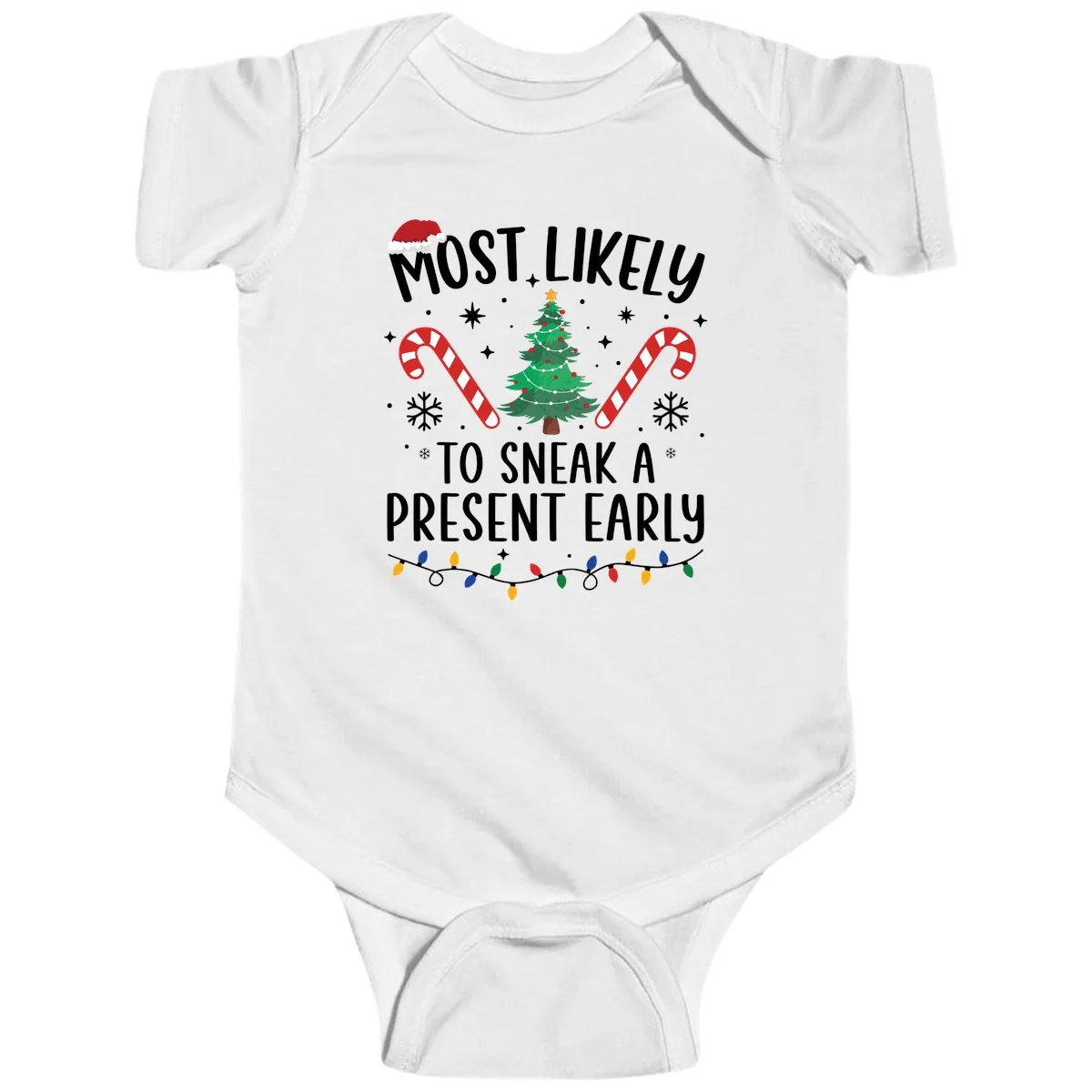 Most Likely To Sneak A Present Early Baby Onesie in White